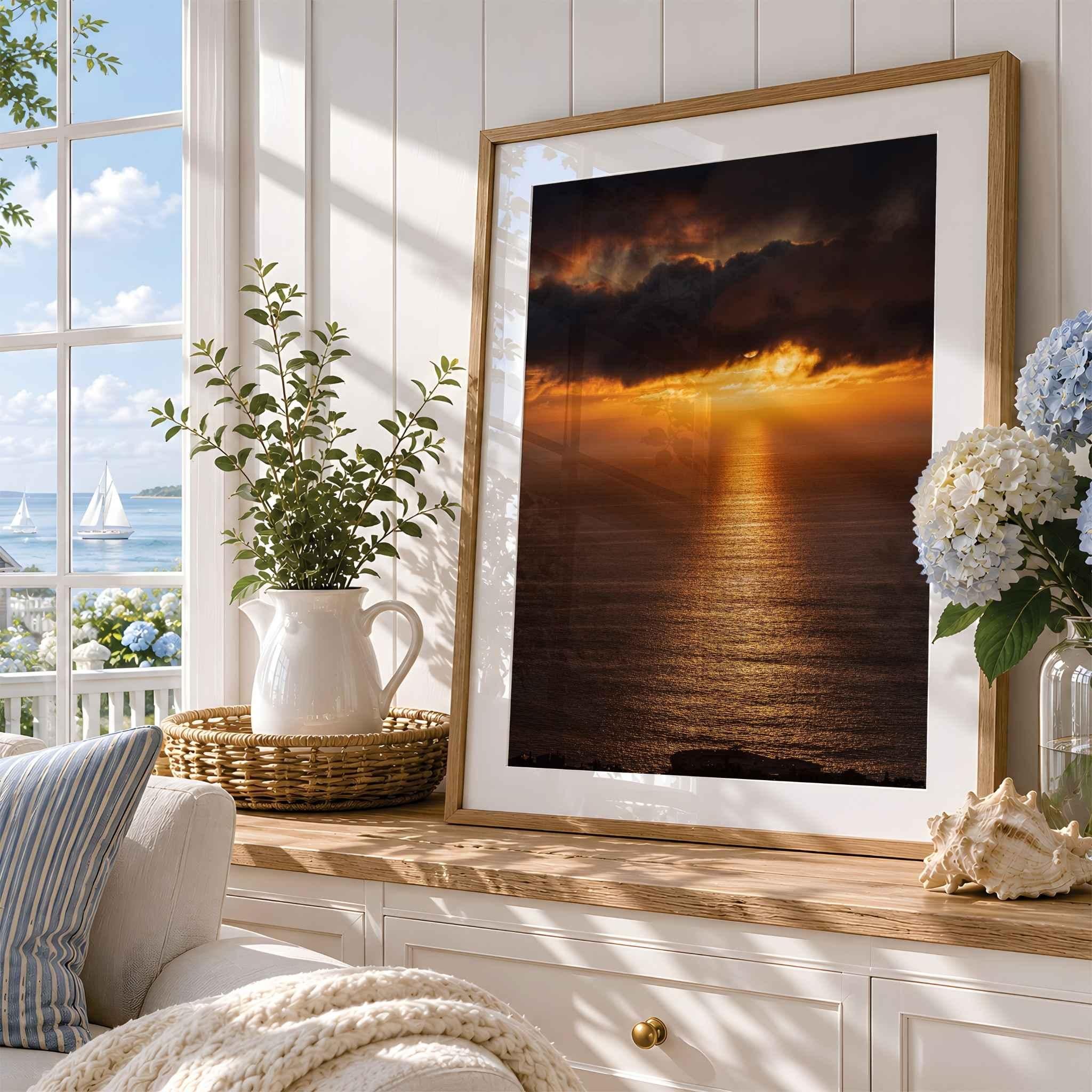 Golden Rays on the Mirrored Sea of the Pacific by Abigail Diane Photography showcased as a framed fine art print in a serene coastal home with ocean views, soft hydrangeas, warm natural light and timeless beach house décor.