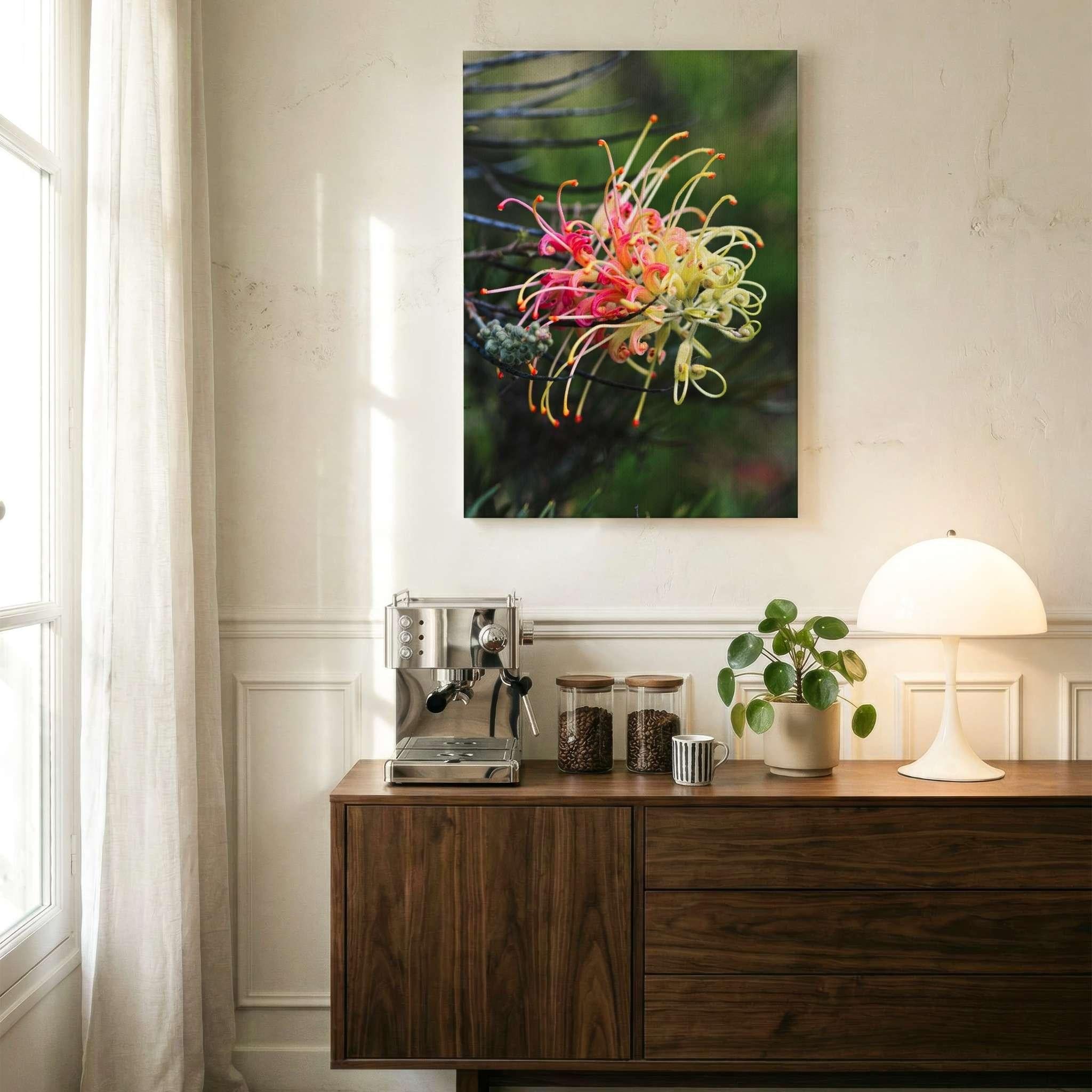 Grevillea Peaches and Cream botanical canvas print displayed above a walnut sideboard in a modern coffee station with natural light, indoor plants, and minimalist décor by Abigail Diane Photography