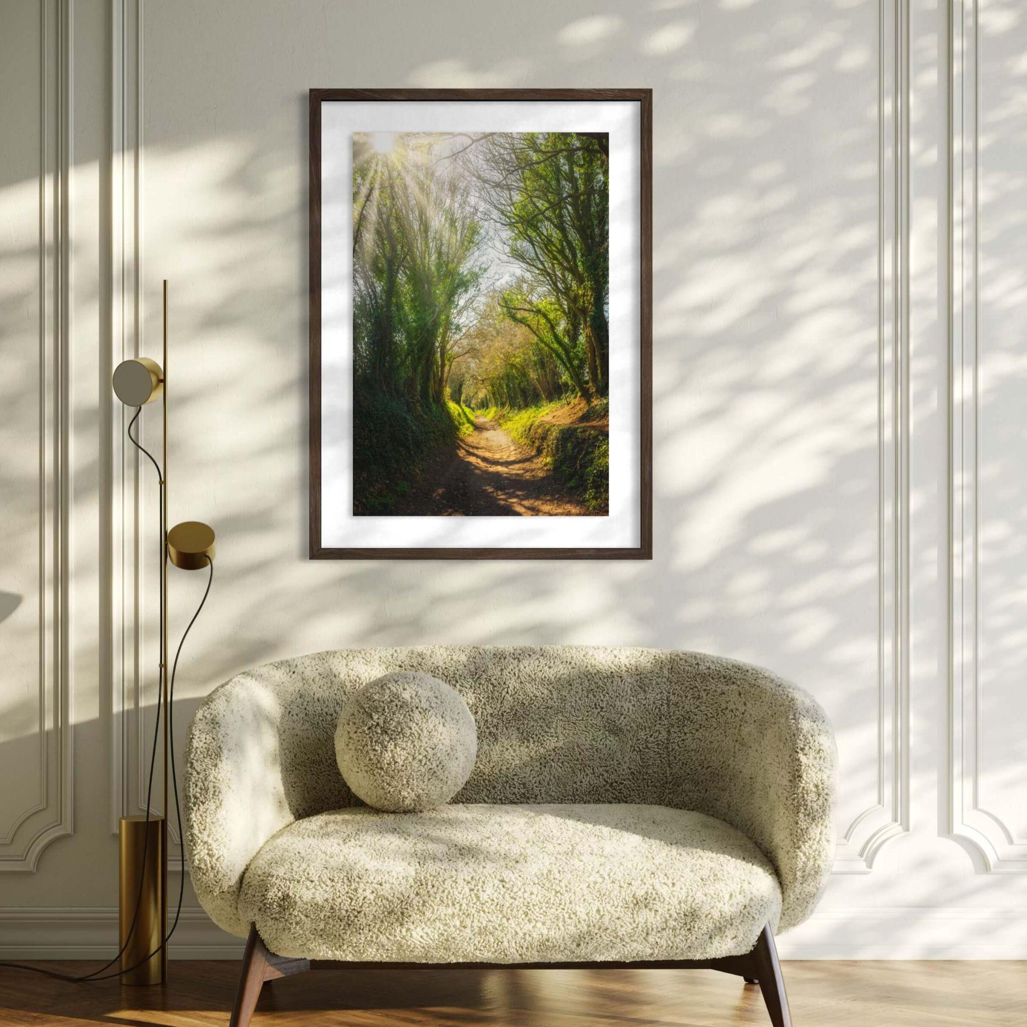 Framed Halnaker Tree Tunnel fine art print by Abigail Diane Photography displayed above a curved boucle loveseat in an elegant living room. A dark wood frame complements the sunlit woodland scene from the historic tree tunnel in West Sussex, England, creating a warm and calming focal point.