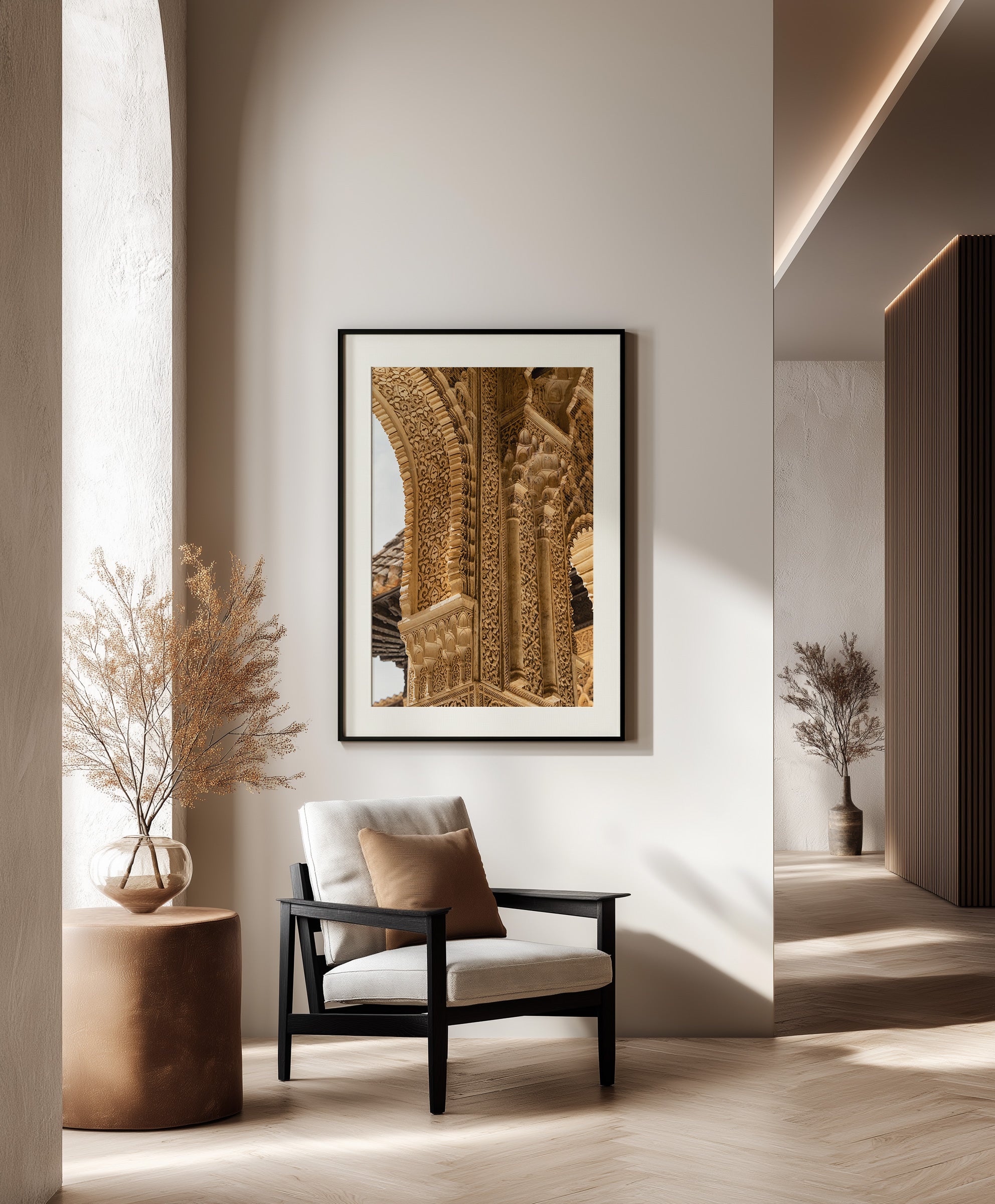 Horseshoe Arches of the Alhambra framed fine art print featuring intricate carved architectural details in Granada, Spain by Abigail Diane Photography.