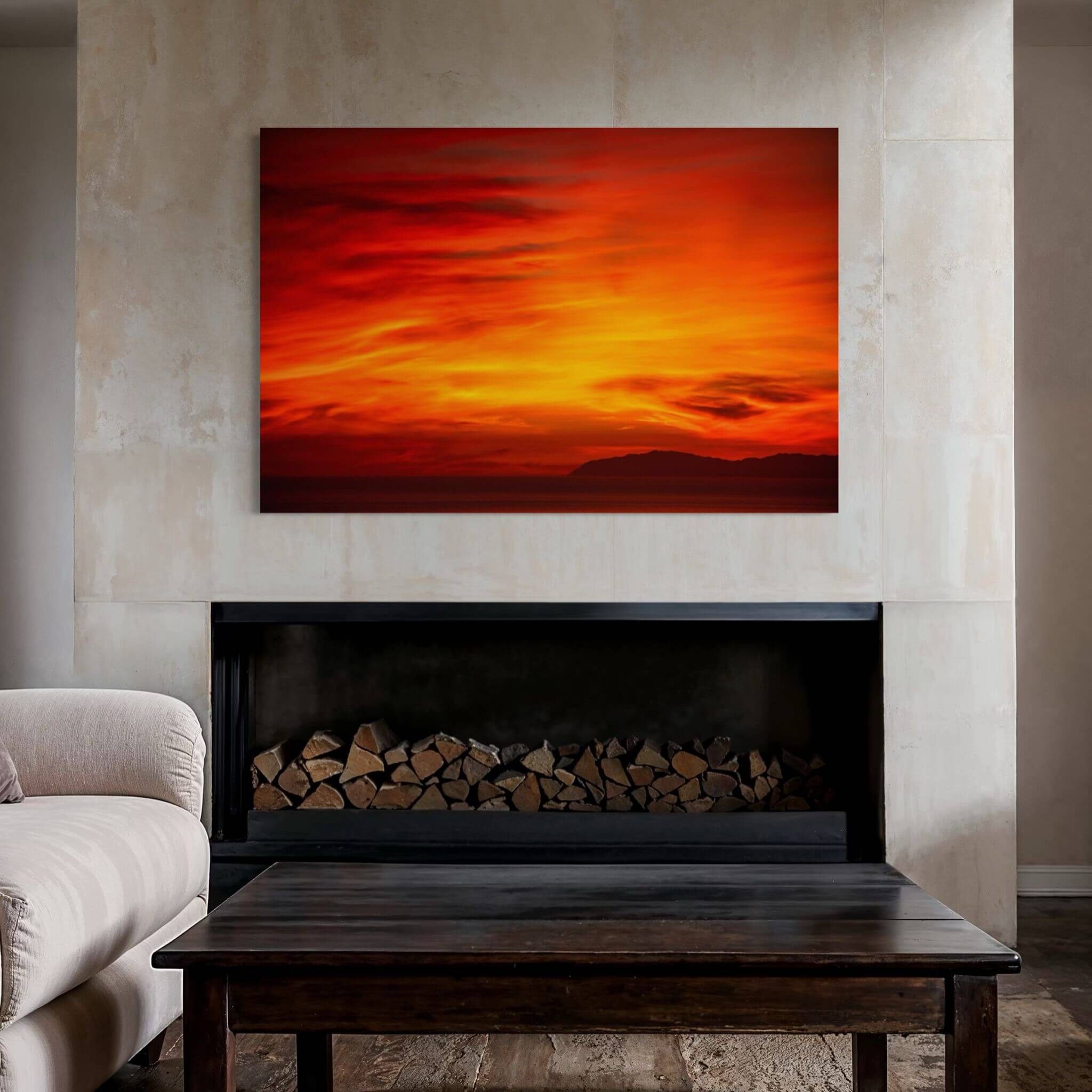 Inferno Sunset HD metal print featuring fiery red and golden skies over Catalina Island displayed above a contemporary fireplace. Photography by Abigail Diane Photography.