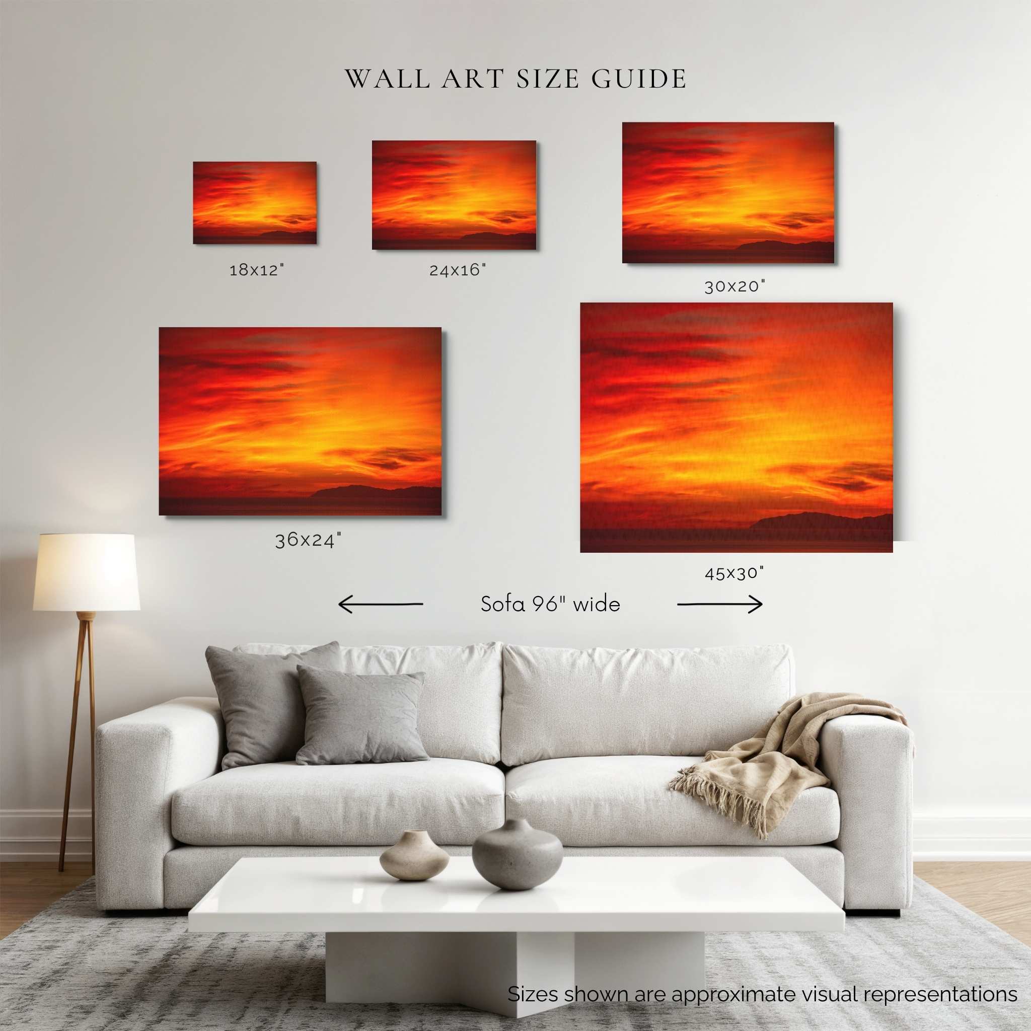 Wall art size guide showing Inferno Sunset displayed above a 96-inch sofa in 18 × 12, 24 × 16, 30 × 20, 36 × 24, and 45 × 30 inch canvas sizes by Abigail Diane Photography.