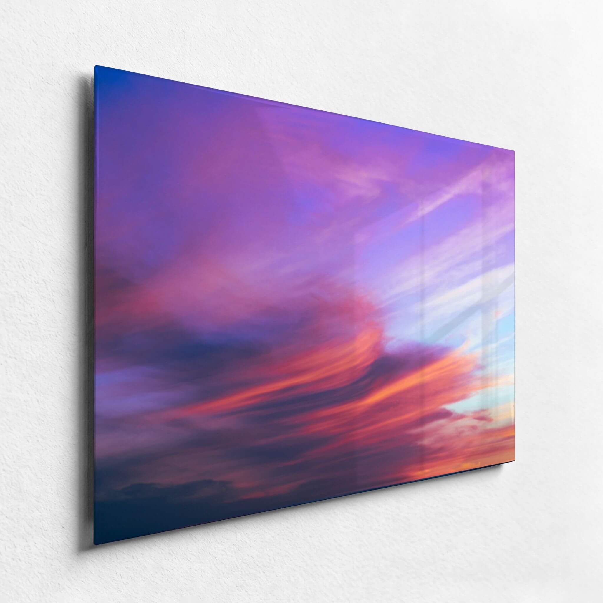 Lavender Dreams HD metal print close-up showcasing vibrant lavender, pink, coral, and blue sunset clouds with a sleek frameless contemporary finish by Abigail Diane Photography.