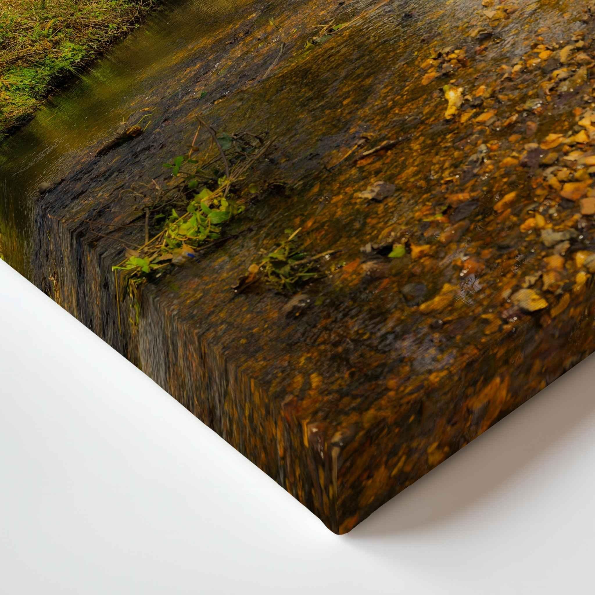 Close-up of Lazy Creek gallery-wrapped canvas corner featuring a tranquil woodland stream in England's New Forest National Park.