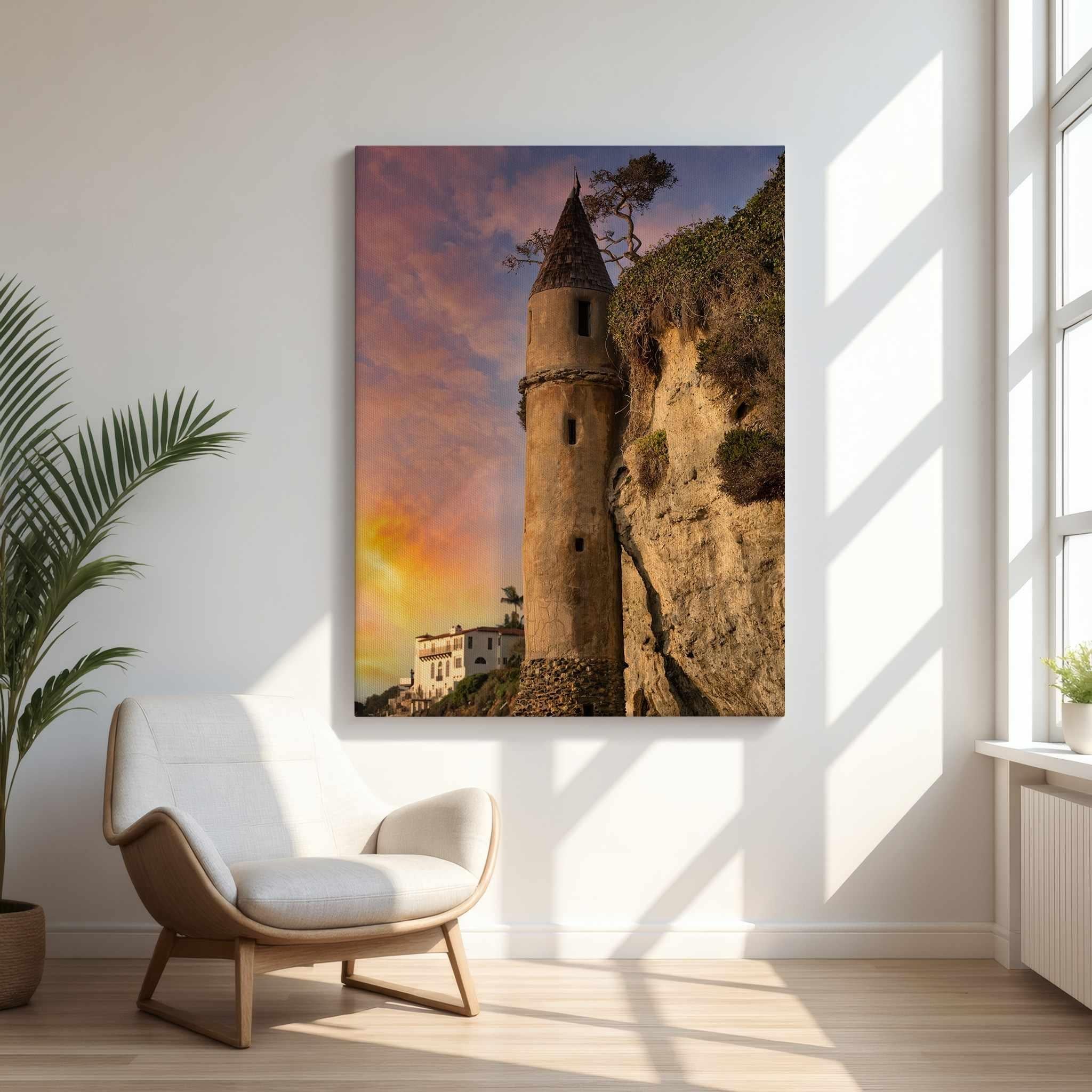 Let Your Hair Down by Abigail Diane Photography featuring the historic Pirate Tower at Victoria Beach in Laguna Beach, California.   A vertical fine art canvas wall art displayed in a bright Scandinavian-inspired living room with warm sunlight, clean white walls, and a relaxing coastal atmosphere.