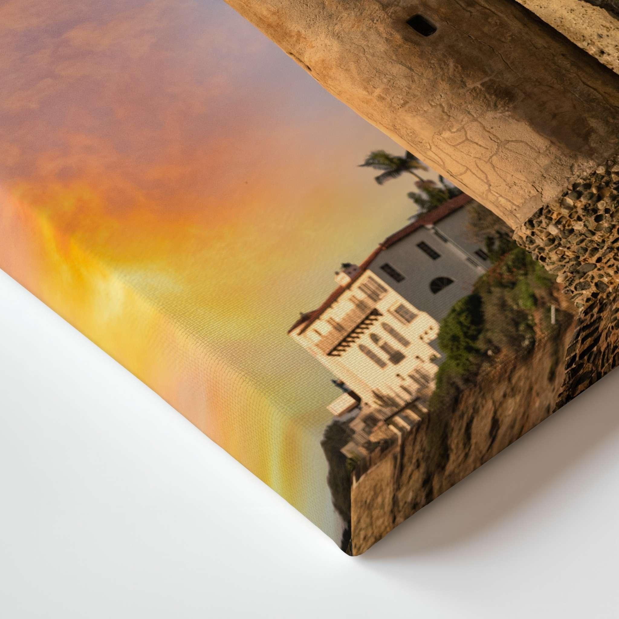Close-up of the "Let Your Hair Down" fine art canvas by Abigail Diane Photography, featuring the historic Pirate Tower at Victoria Beach in Laguna Beach, California. Gallery-wrapped canvas showcasing vibrant sunset colors, premium texture, and museum-quality craftsmanship