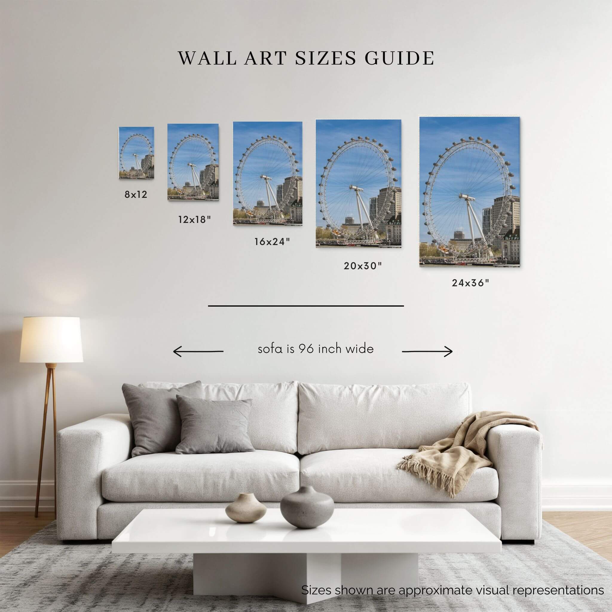 London Eye fine art print wall art size guide showing 8x12, 12x18, 16x24, 20x30 and 24x36 print sizes above a sofa