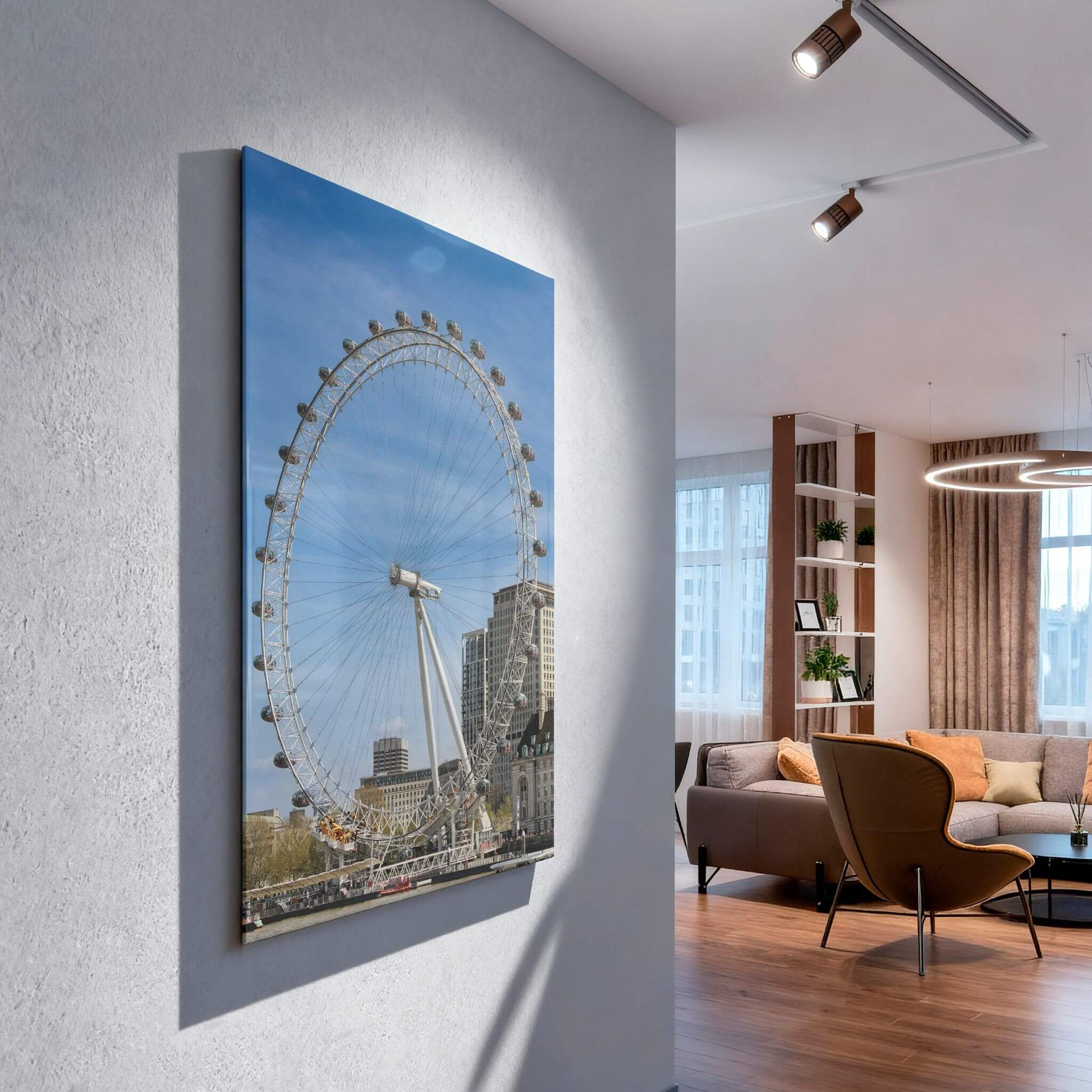Angled wall view of the London Eye metal print showing its sleek profile and vibrant blue sky in a contemporary 
living interior.