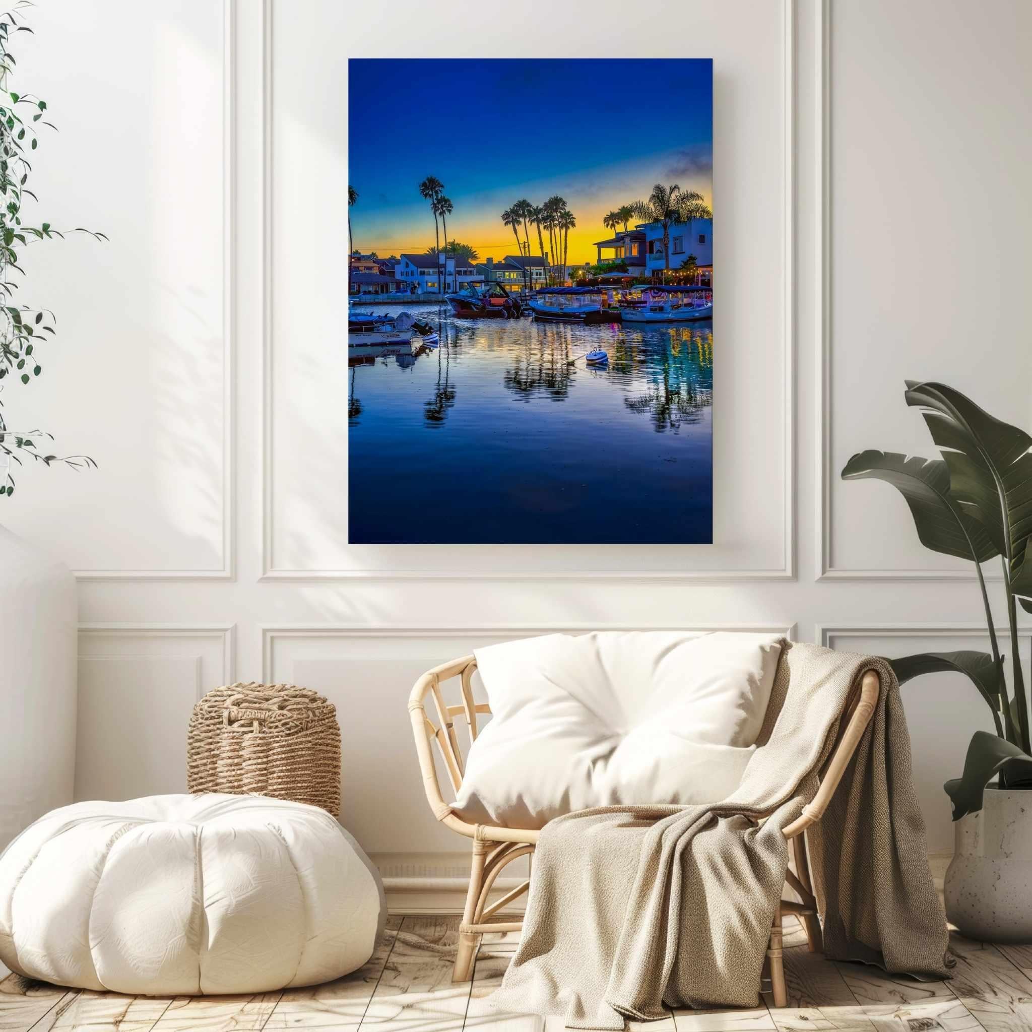 Magic of the Blue Hour canvas print featuring boats, palm trees, and shimmering reflections across Newport Beach Harbor at blue hour in California.