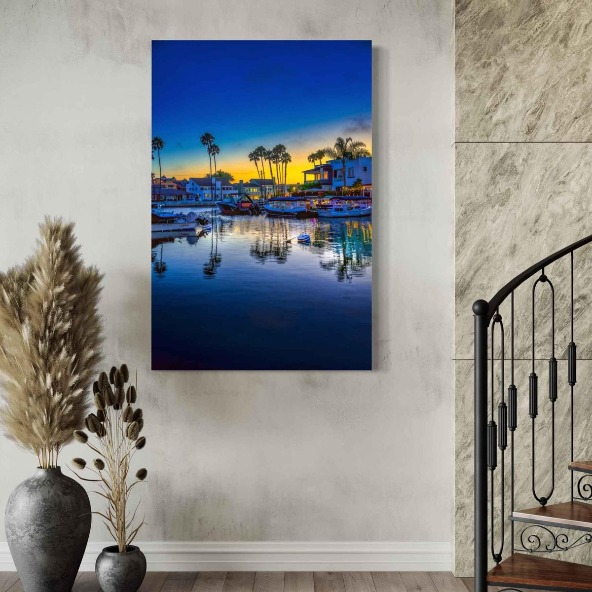 Magic of the Blue Hour canvas print featuring Newport Beach Harbor at blue hour, displayed in a contemporary interior beside a staircase.