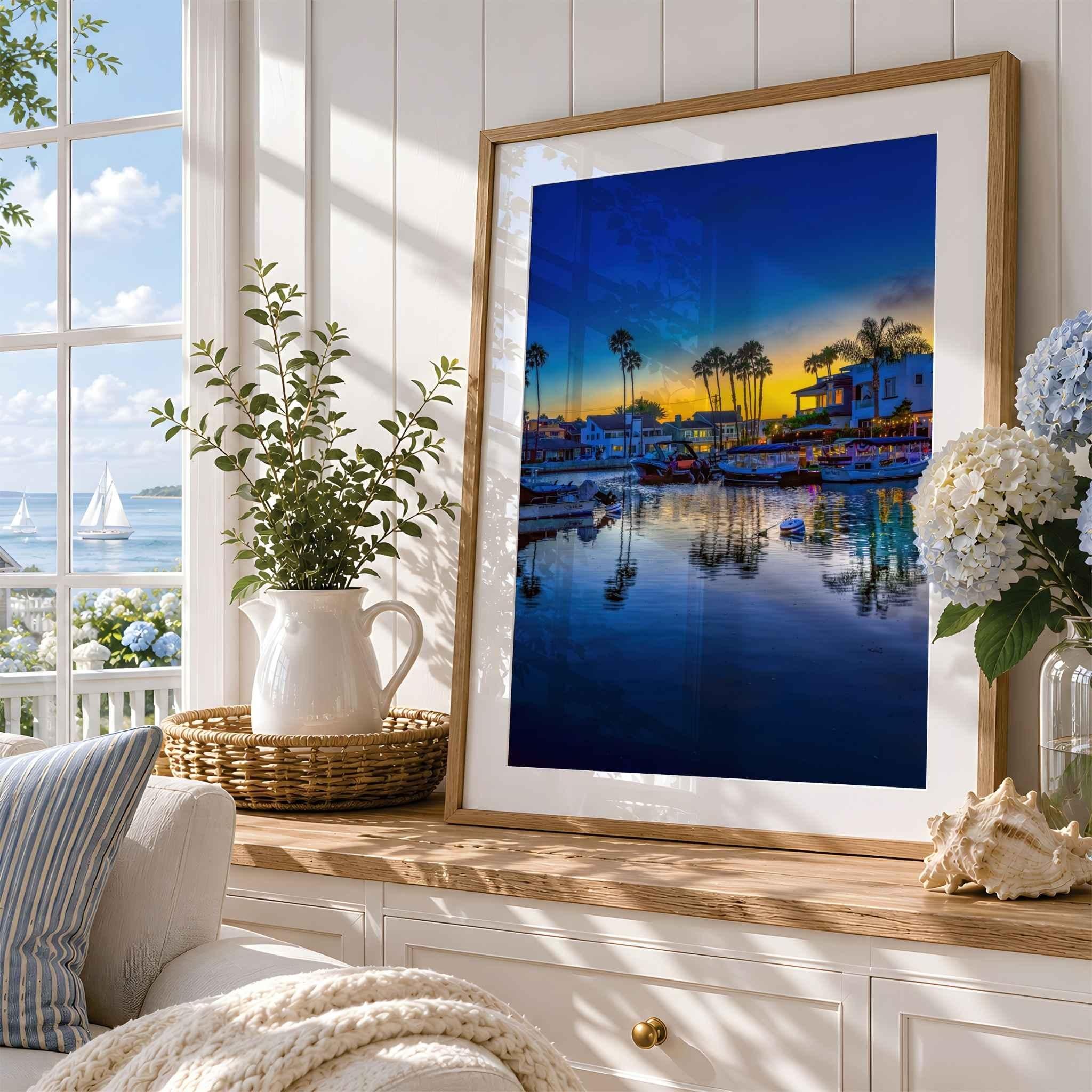 Magic of the Blue Hour by Abigail Diane Photography displayed as a framed fine art print with a natural oak frame in a bright coastal home overlooking the ocean.