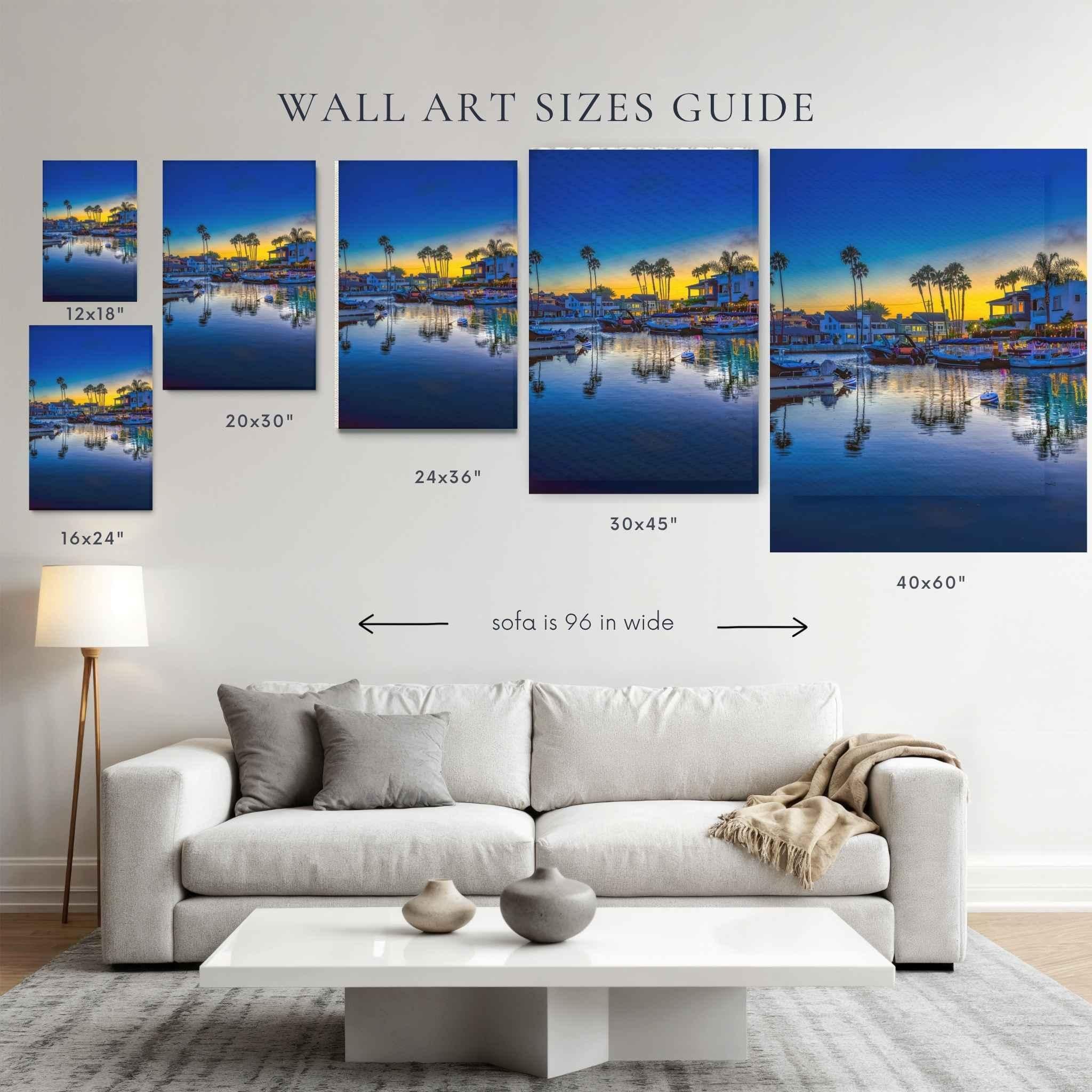 Wall art size guide for Magic of the Blue Hour by Abigail Diane Photography showing canvas print sizes 12x18, 16x24, 20x30, 24x36, 30x45, and 40x60 displayed above a 96-inch sofa for scale.