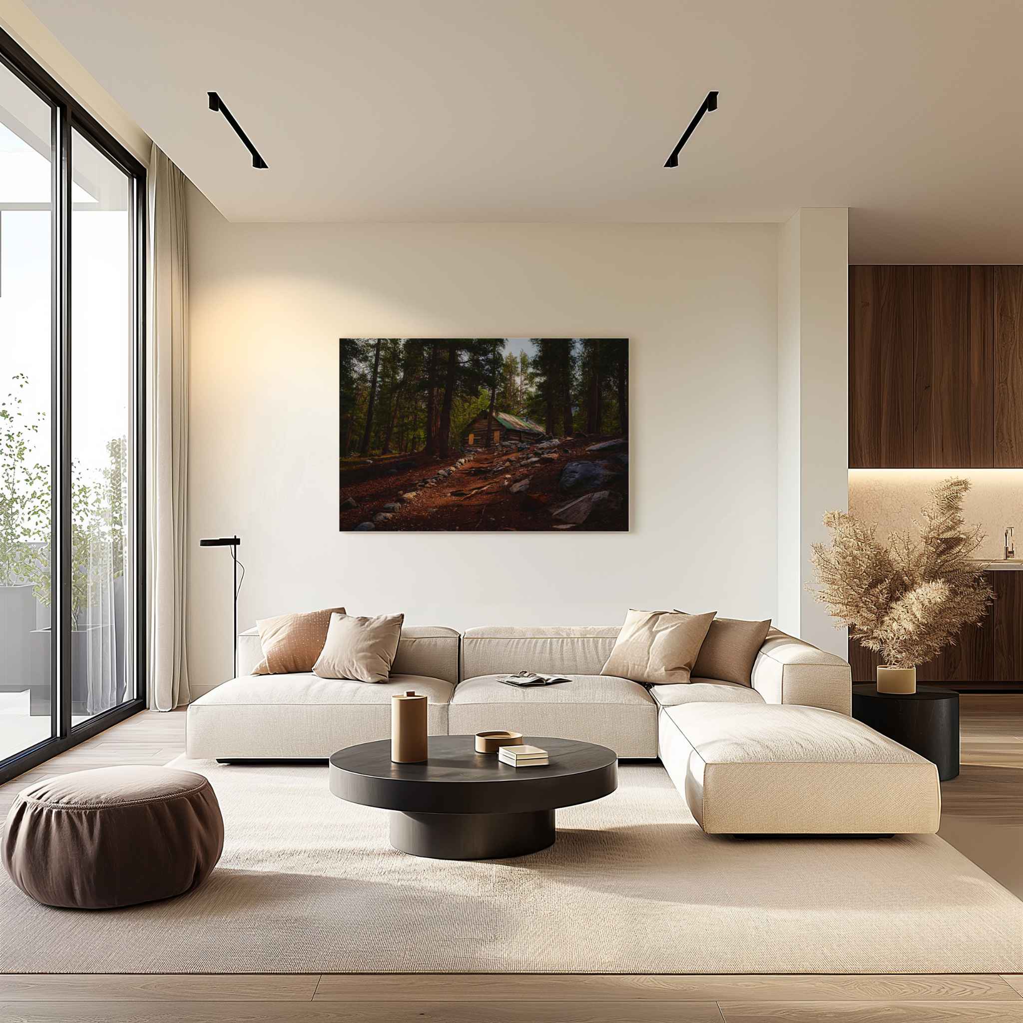 Historic Mahan Cabin in the Eastern Sierras California displayed as an HD metal print above a neutral sofa in a modern living room.