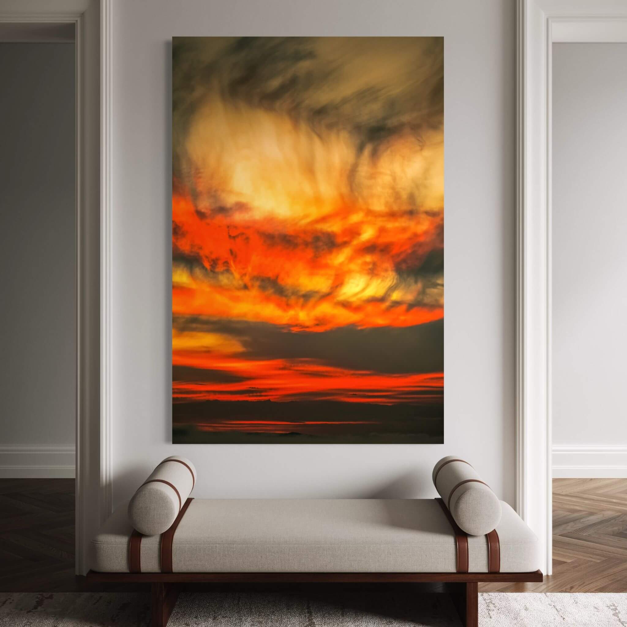 Painted Lady High Definition metal print featuring dramatic golden, amber and fiery orange sunset clouds against deep charcoal skies, presented as a large 40 × 60 statement piece for a contemporary fine art collection.