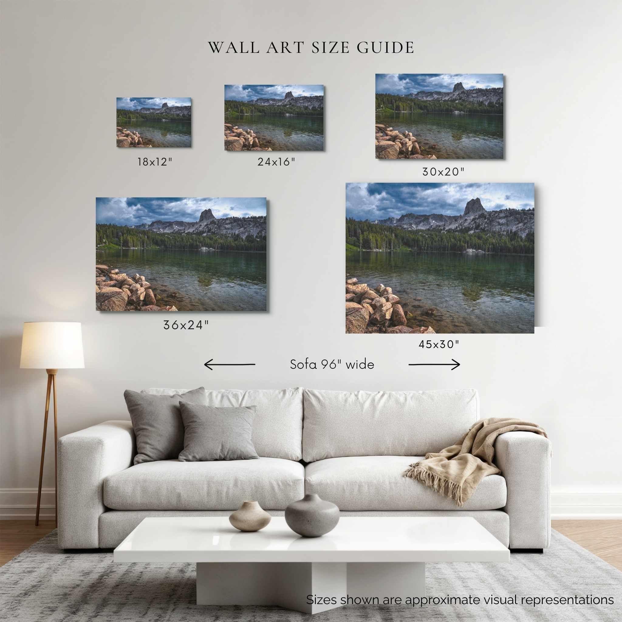 Wall art size guide showing Reflections of Lake Mary displayed above a 96-inch sofa in 18 × 12, 24 × 16, 30 × 20, 36 × 24, and 45 × 30 inch canvas sizes by Abigail Diane Photography.