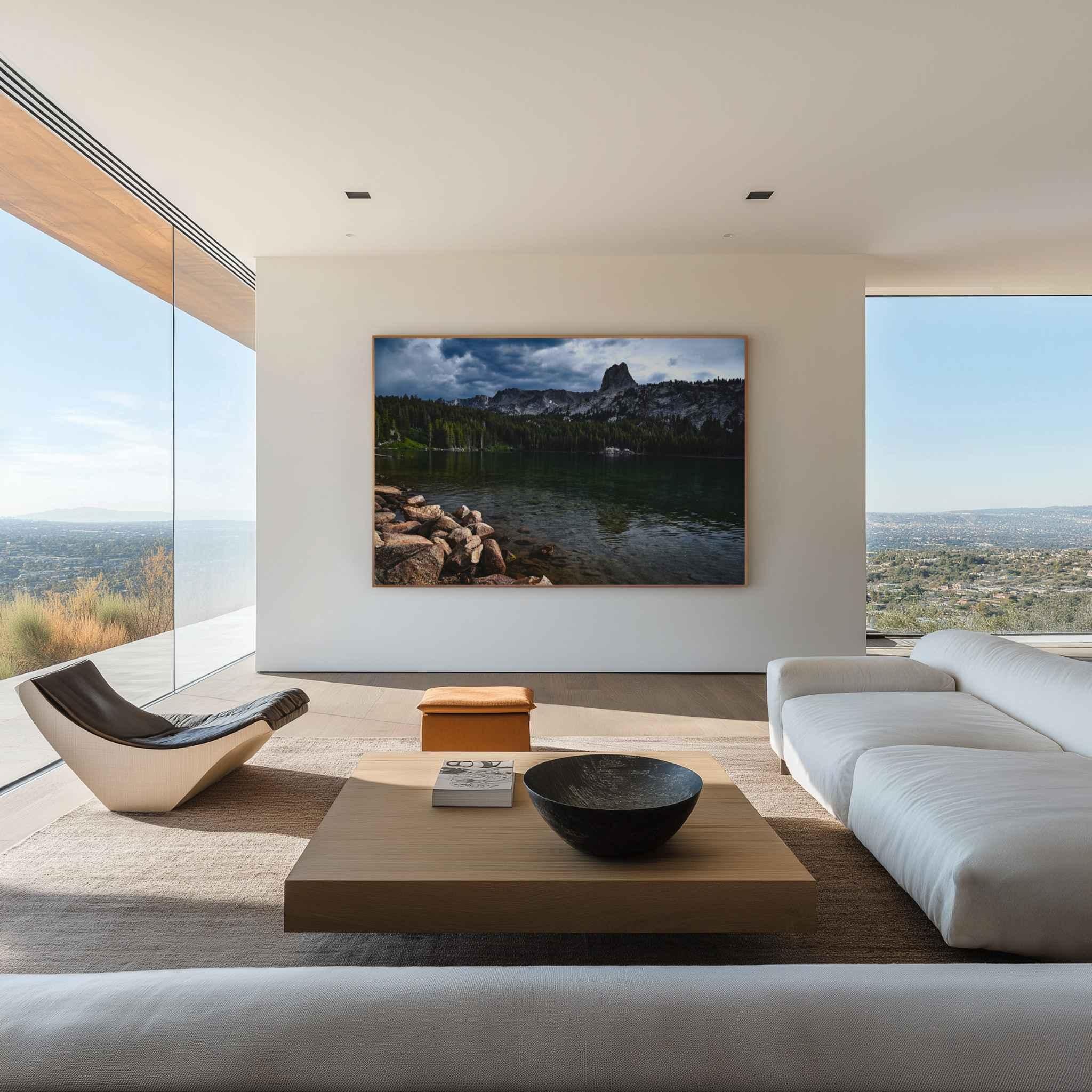  Large Reflections on Lake Mary fine art print displayed in a contemporary living room, showcasing Eastern Sierra mountain and lake photography.