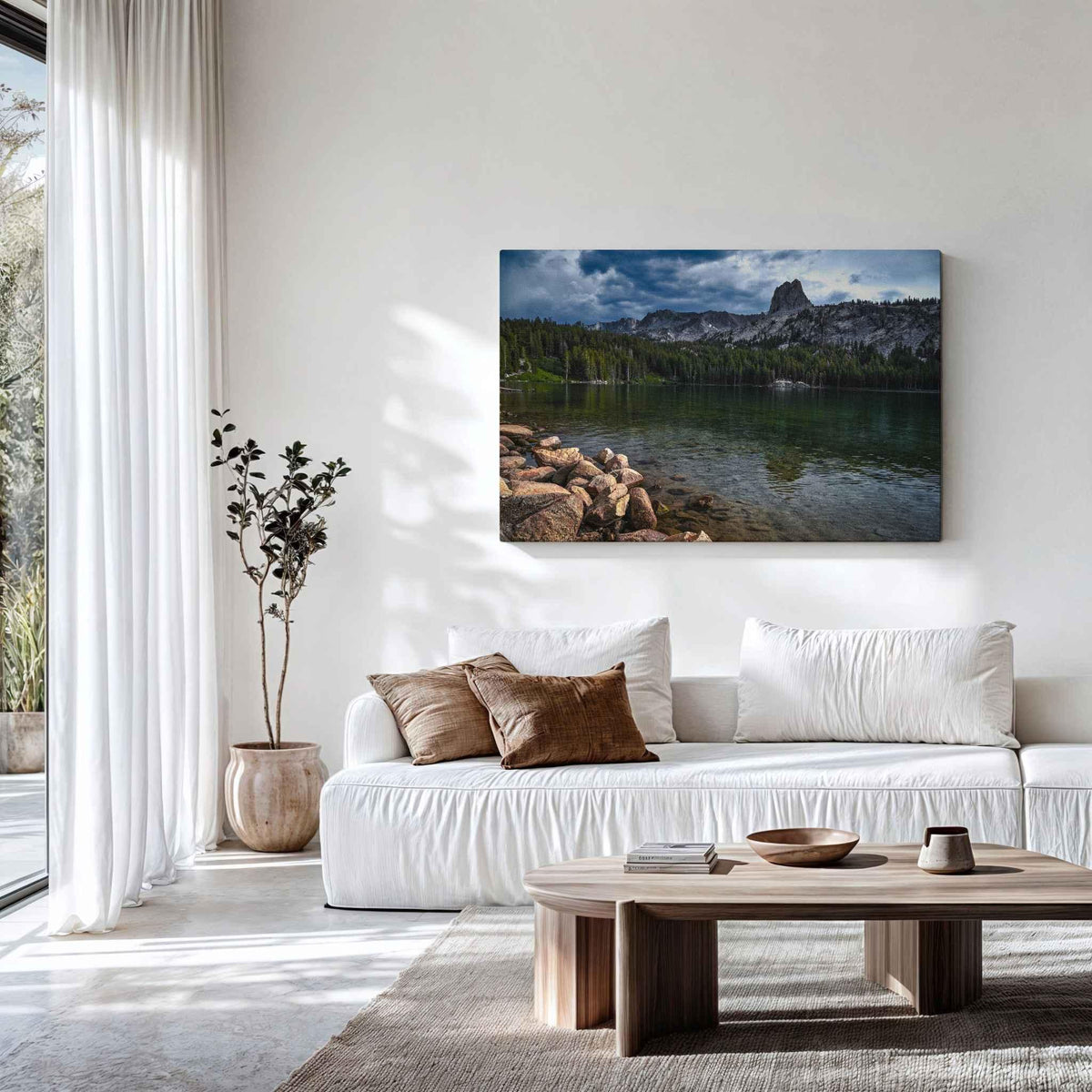 Reflections on Lake Mary HD metal print featuring the alpine lake and Sierra Nevada near Mammoth Lakes, California, displayed in a bright neutral living room.