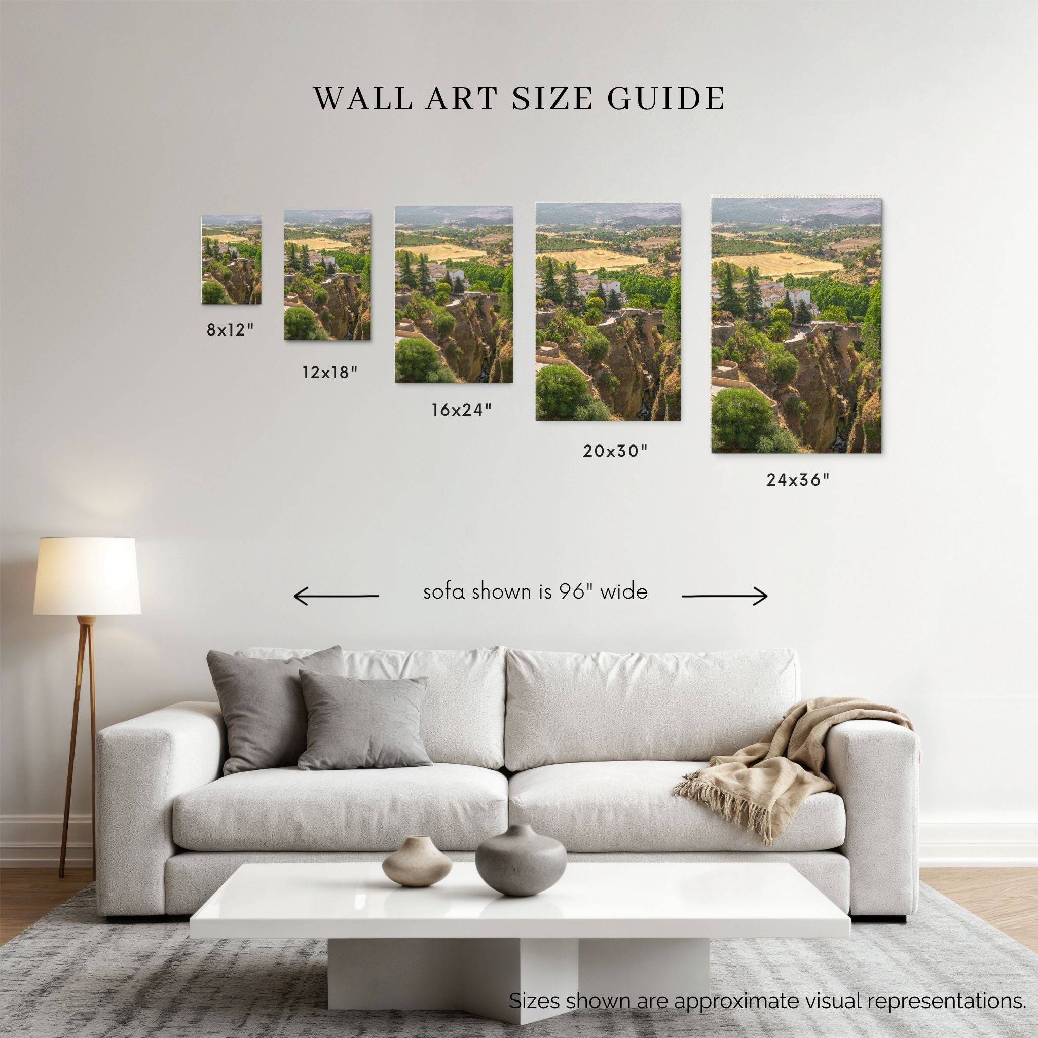Ronda Above the Gorge fine art print wall art size guide showing 8x12, 12x18, 16x24, 20x30 and 24x36 inch sizes above a 96-inch sofa – Abigail Diane Photography
