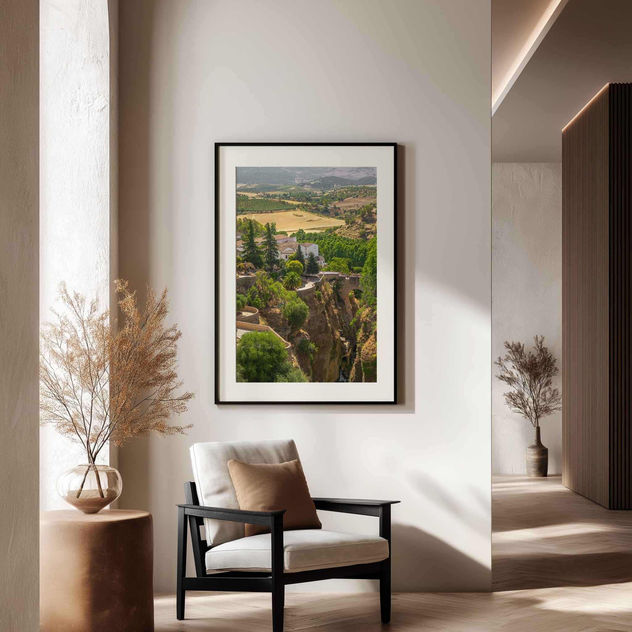Ronda Above the Gorge framed fine art print featuring El Tajo Gorge and the Andalusian countryside in Ronda, Spain by Abigail Diane Photography.