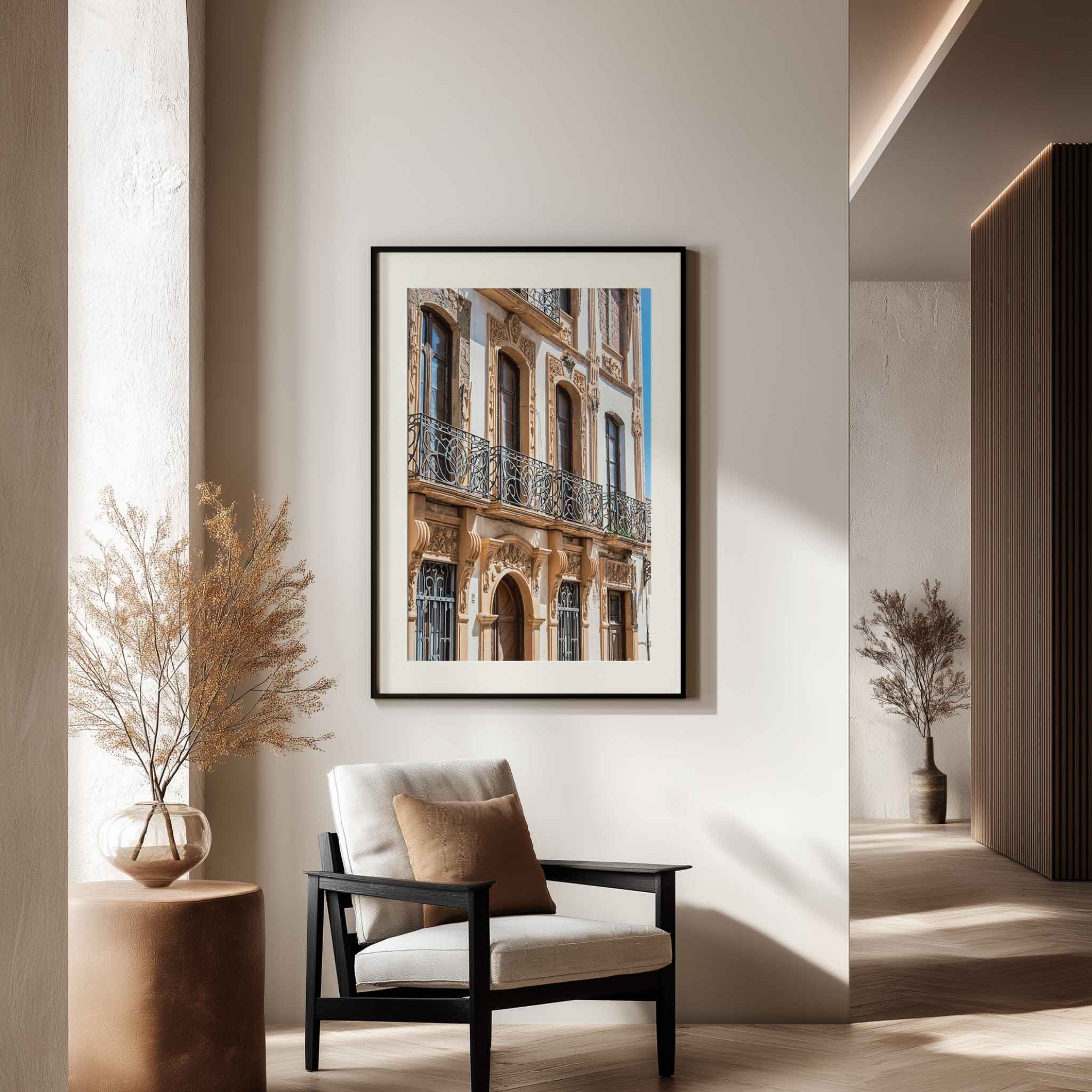 Ronda architectural details framed fine art print featuring ornate stonework, arched windows and wrought-iron balconies in Ronda, Spain  by  Abigail Diane Photography.