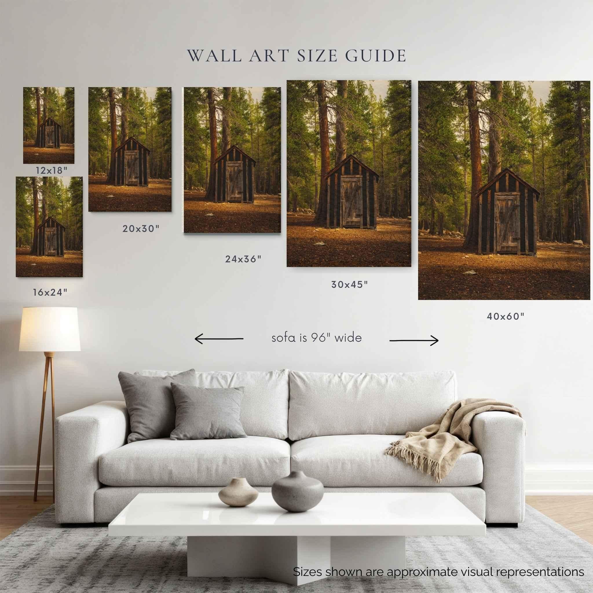 Wall art size guide for Rustic Remnant Among the Trees canvas print, showing 12x18, 16x24, 20x30, 24x36, 30x45 and 40x60 inch sizes above a 96-inch sofa.