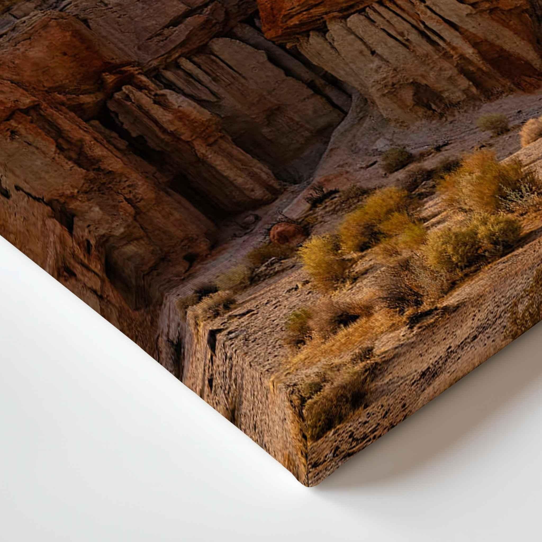 Close-up corner detail of Sculpted by Time canvas print, showing the gallery-wrapped edge and warm desert rock formations of the Eastern Sierra, California.