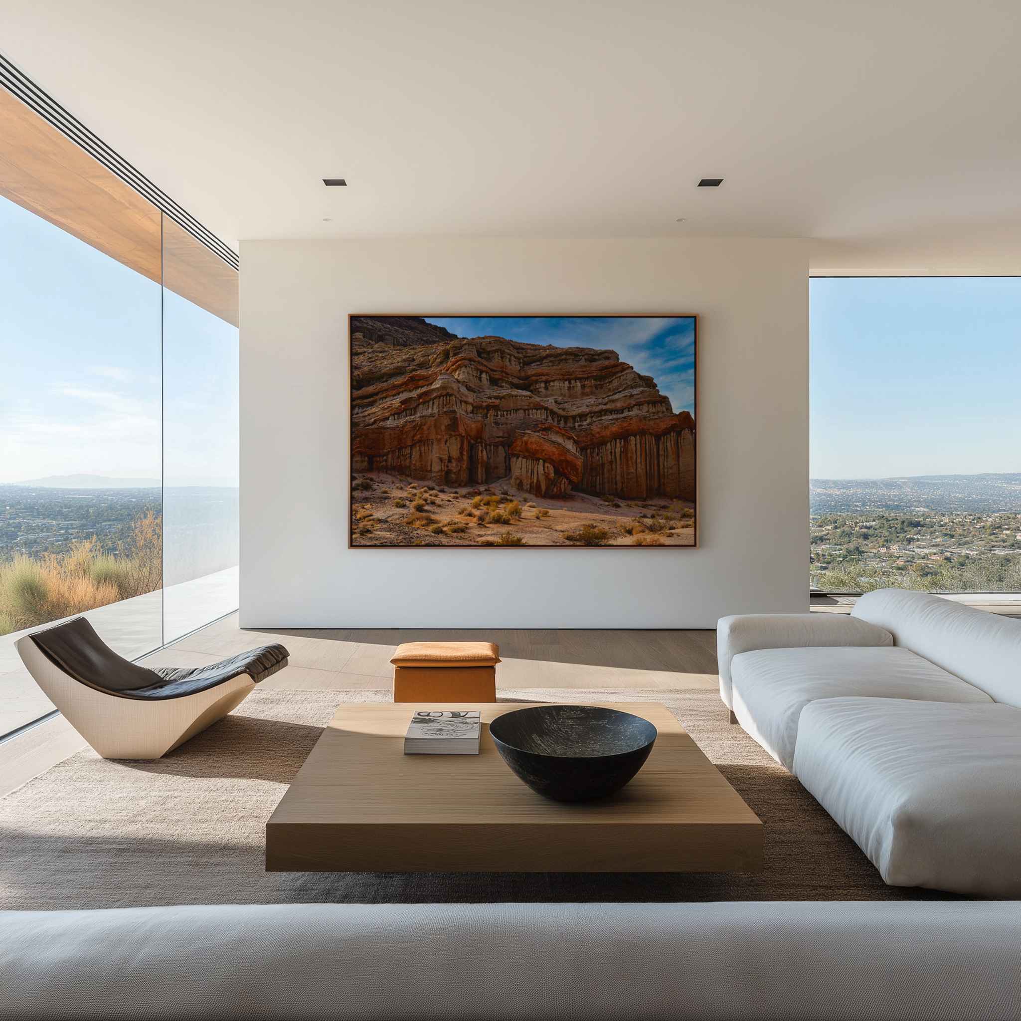 Sculpted by Time HD metal print featuring the dramatic rock formations of Red Rock Canyon State Park, California, displayed in a luxury modern living room.