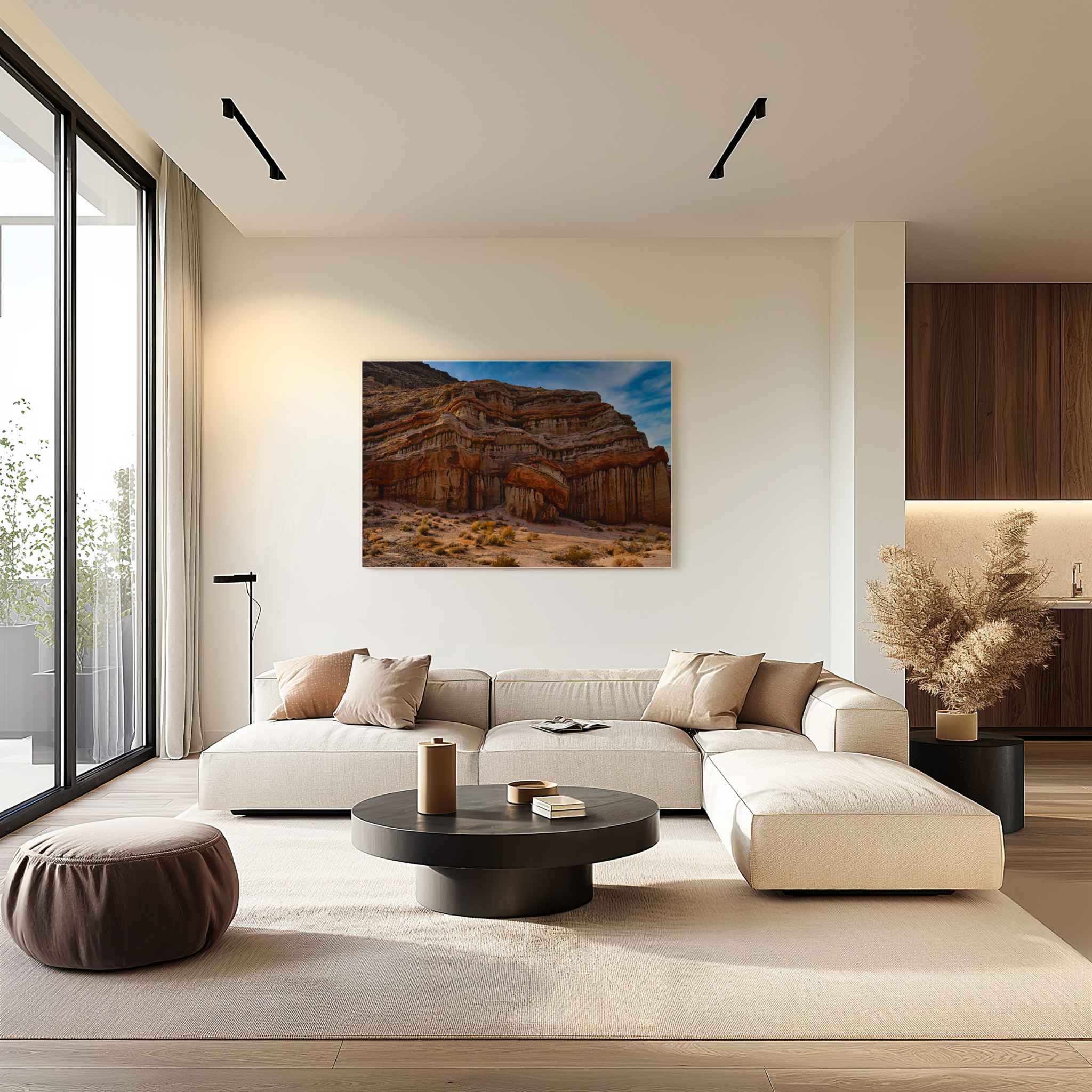Sculpted by Time HD metal landscape print of Red Rock Canyon State Park, California, displayed above a neutral sectional sofa in a contemporary living room.