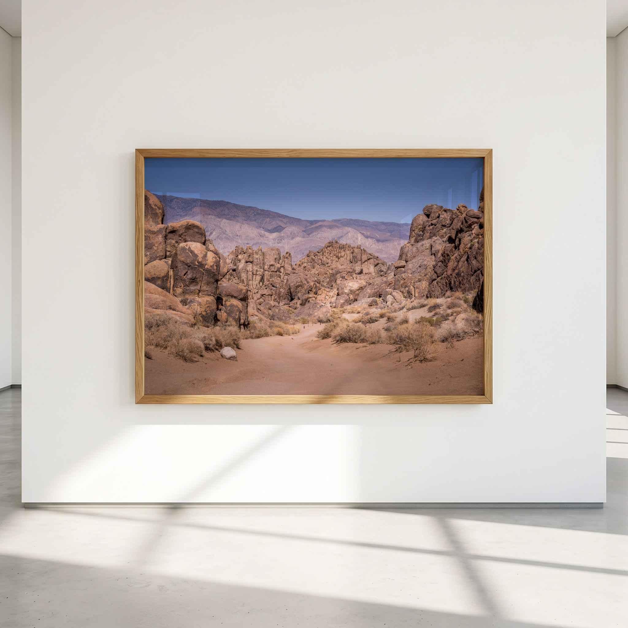 Sierra Desert Passage framed fine art print of the Alabama Hills and Sierra Nevada in California’s Eastern Sierra displayed on a minimalist gallery wall.