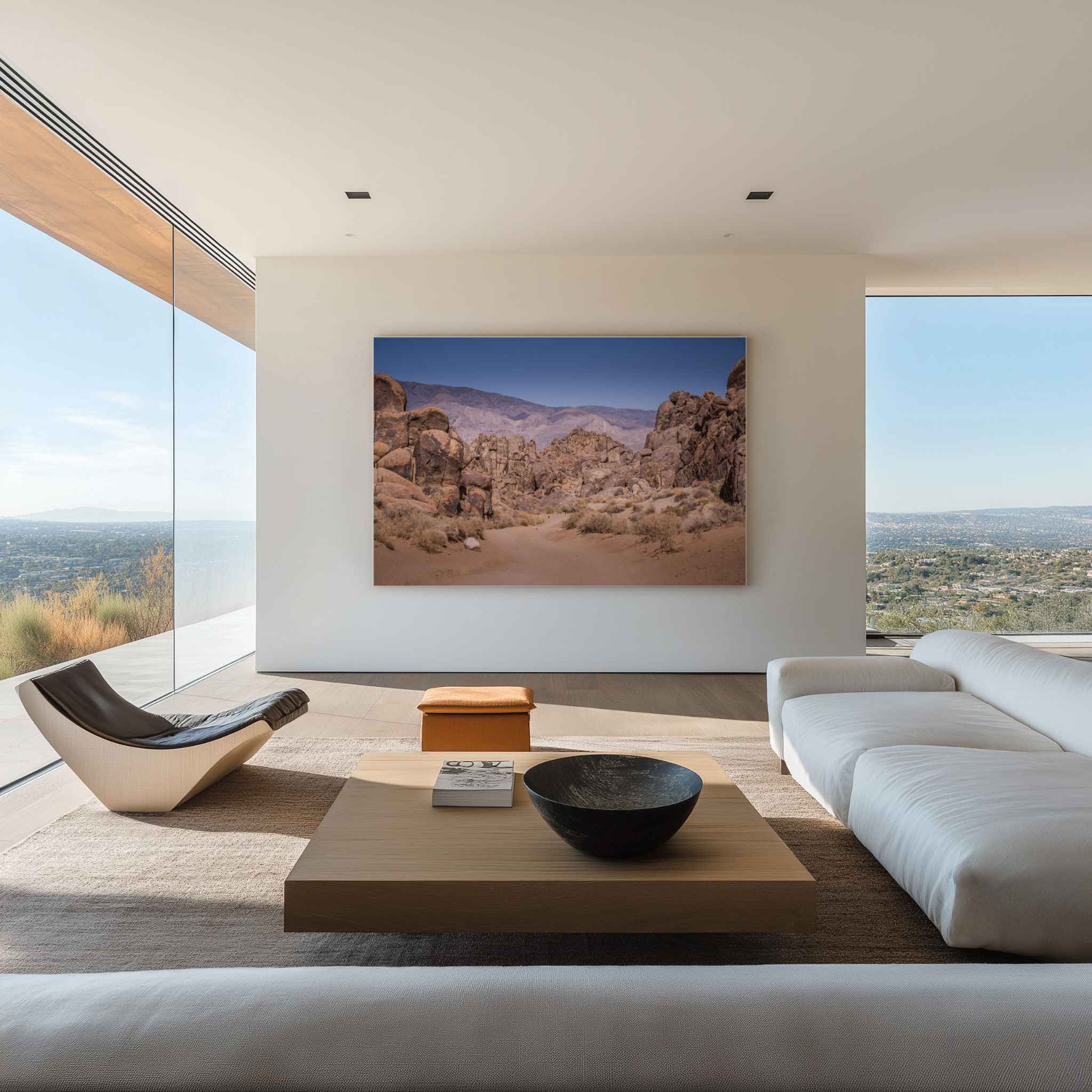 Sierra Desert Passage from Alabama Hills near Lone Pine, California, displayed as large landscape wall art in a luxury contemporary living room.