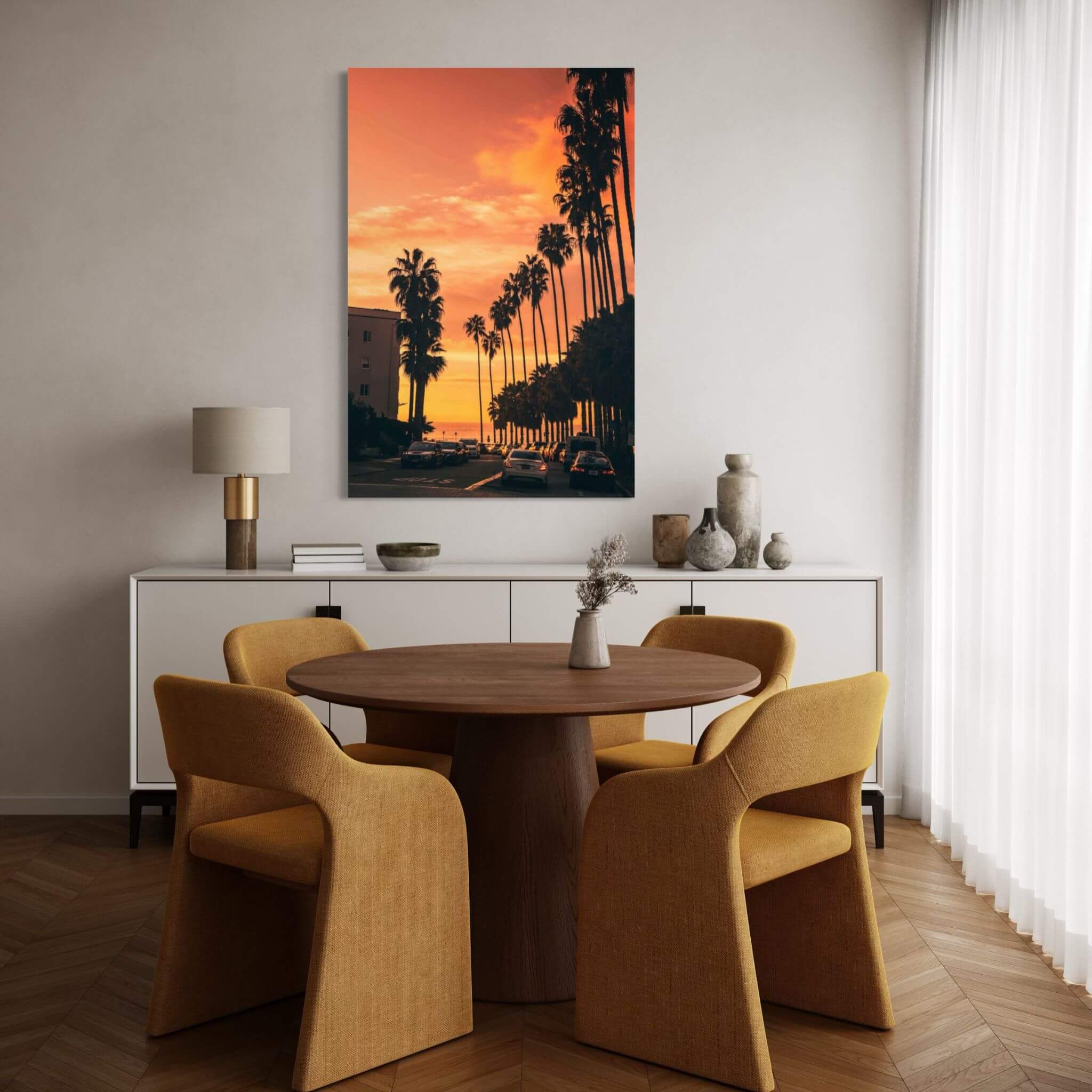 Sizzling Hot San Diego Nights metal print displayed in a warm modern dining room with natural wood table and golden upholstered chairs.