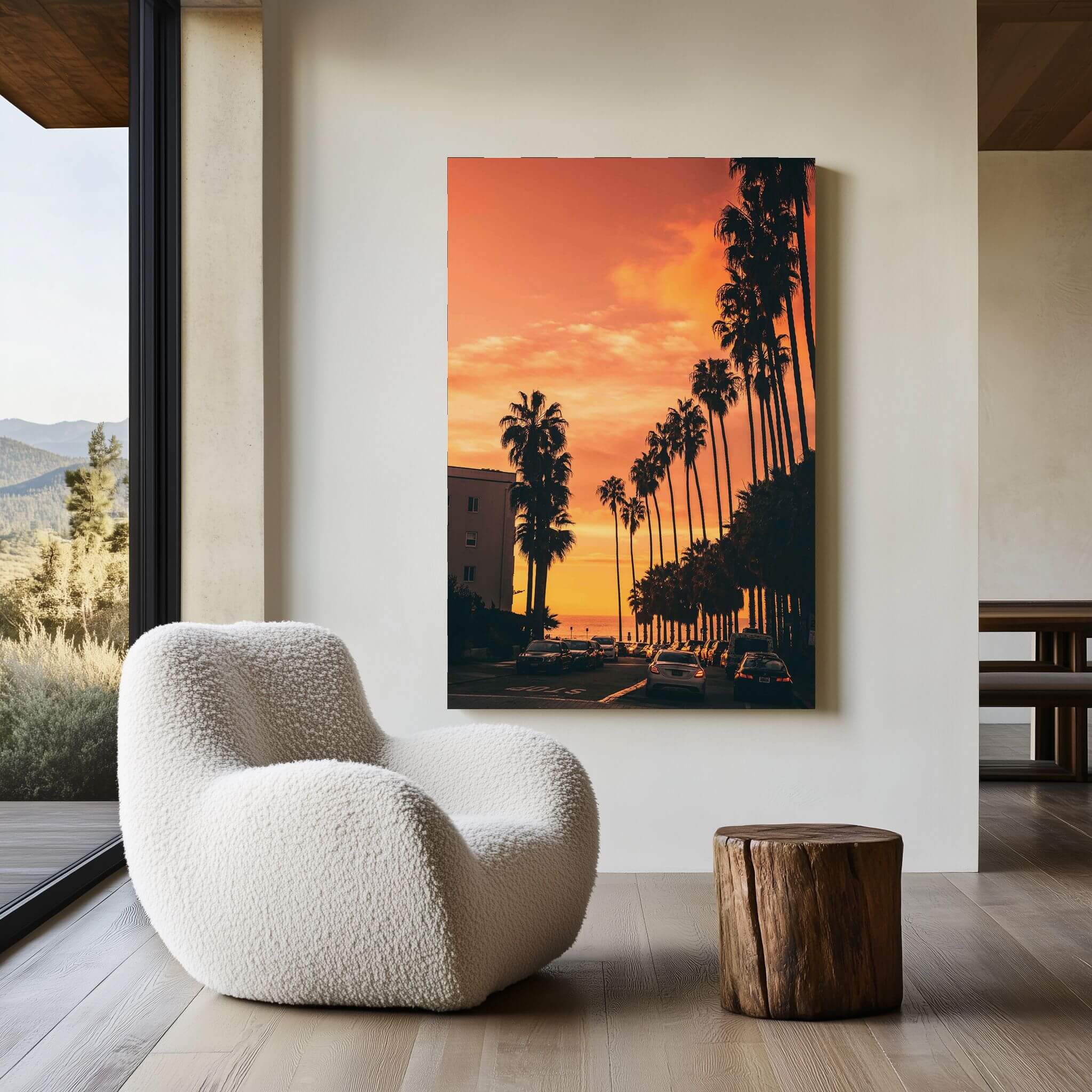 Sizzling Hot San Diego Nights metal print featuring a fiery orange California sunset and silhouetted palm trees displayed in a modern neutral interior.
