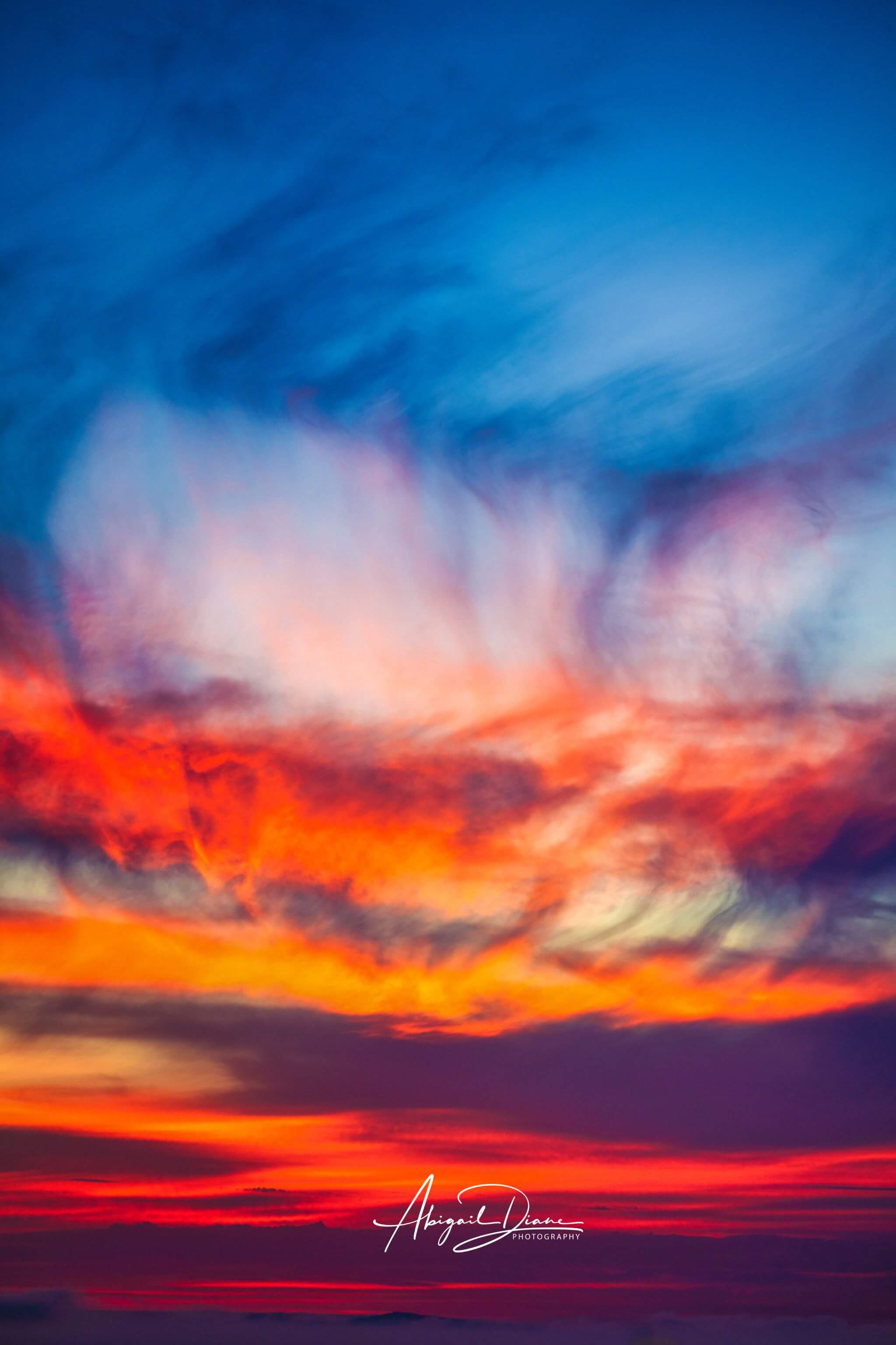 Smoldering Clouds High Definition metal print by Abigail Diane Photography, featuring deep blue and violet clouds illuminated by fiery crimson, orange and golden light at sunset over the Pacific Ocean in Southern California.