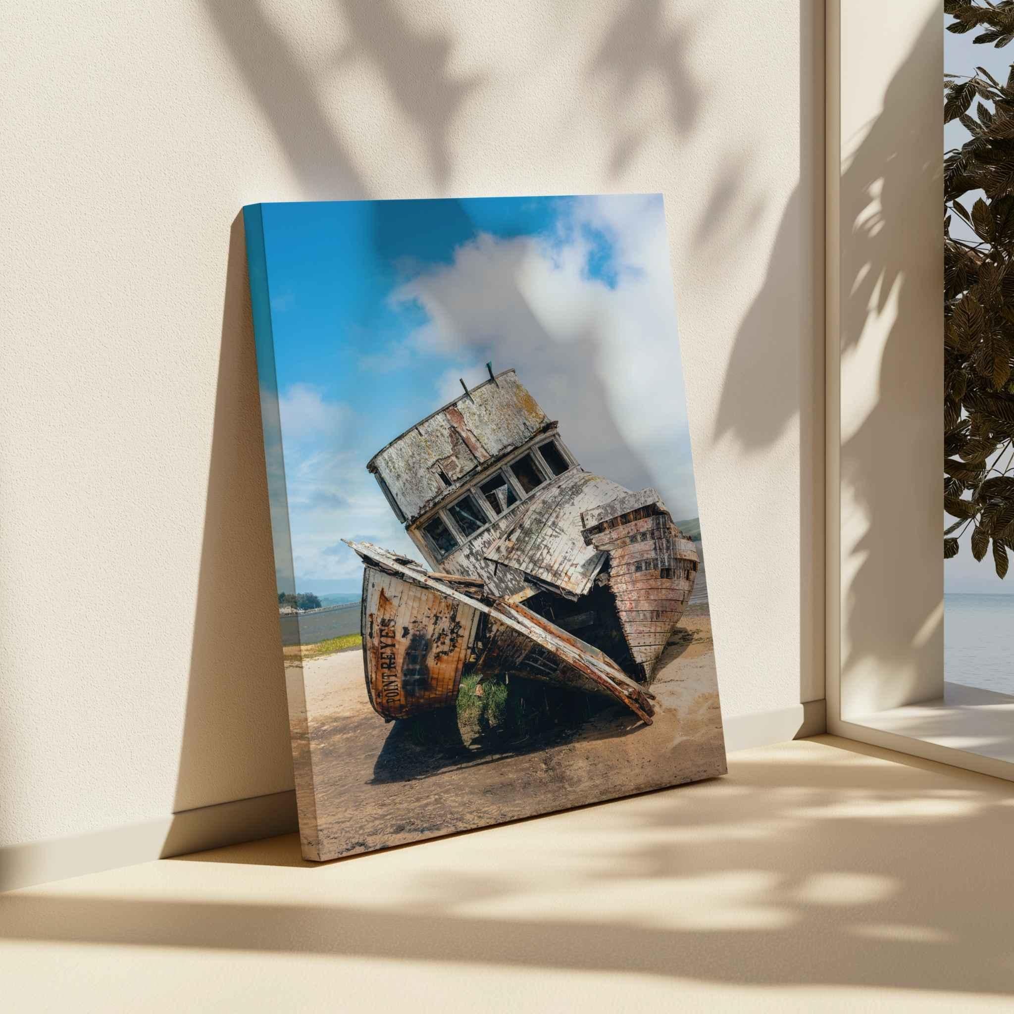 Gallery wrap canvas featuring the historic S.S. Point Reyes shipwreck along Tomales Bay, California, displayed in a bright coastal-inspired interior by Abigail Diane Photography