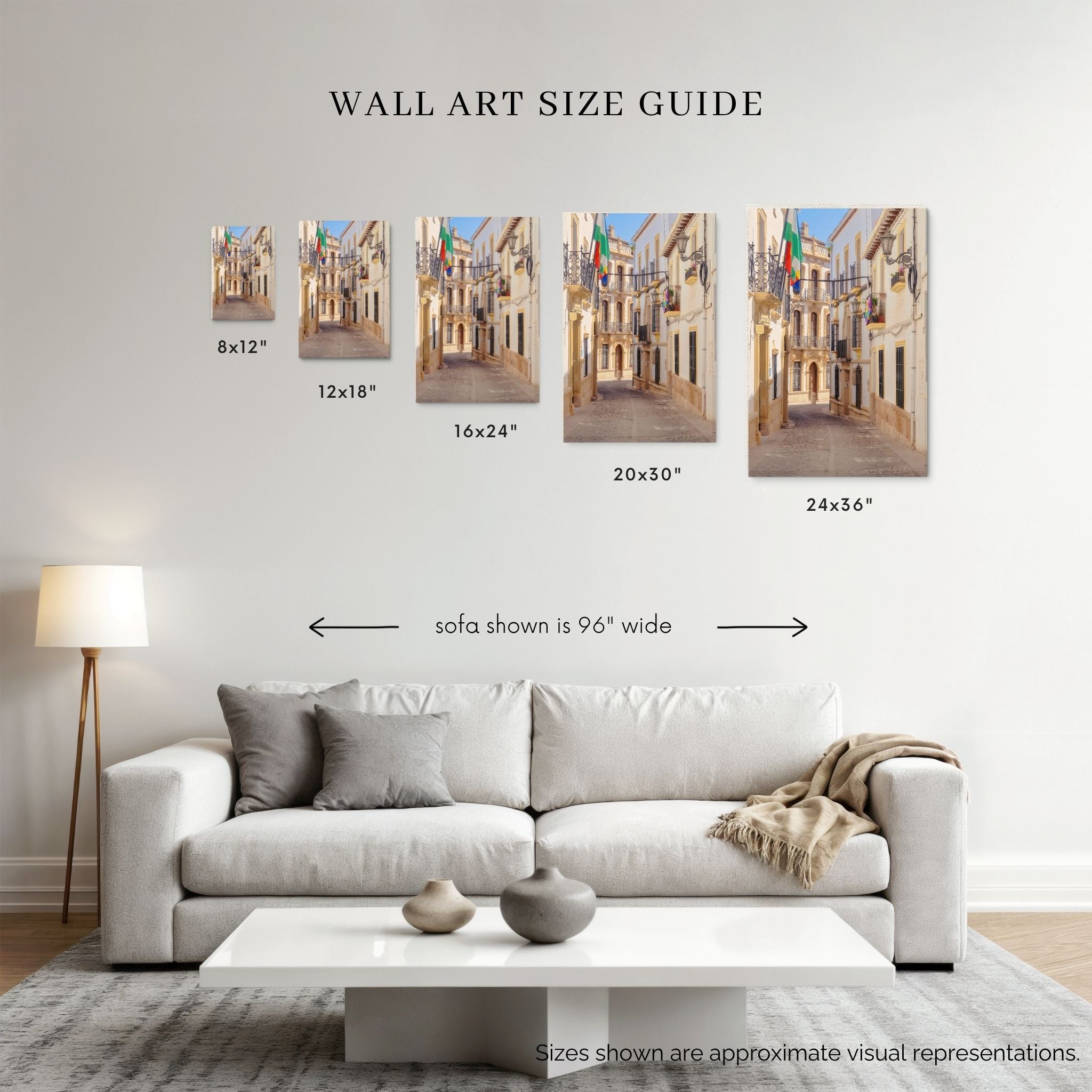 Streets of Ronda fine art print wall art size guide showing 8x12, 12x18, 16x24, 20x30 and 24x36 inch sizes above a 96-inch sofa – Abigail Diane Photography