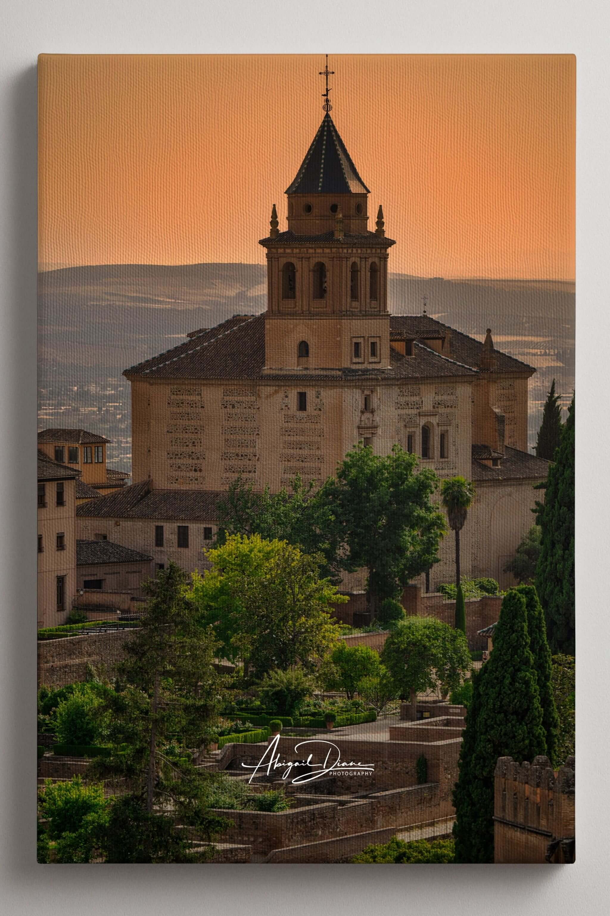  Summer Light at the Alhambra canvas print featuring historic architecture and gardens in Granada, Spain. by Abigail Diane Photography.