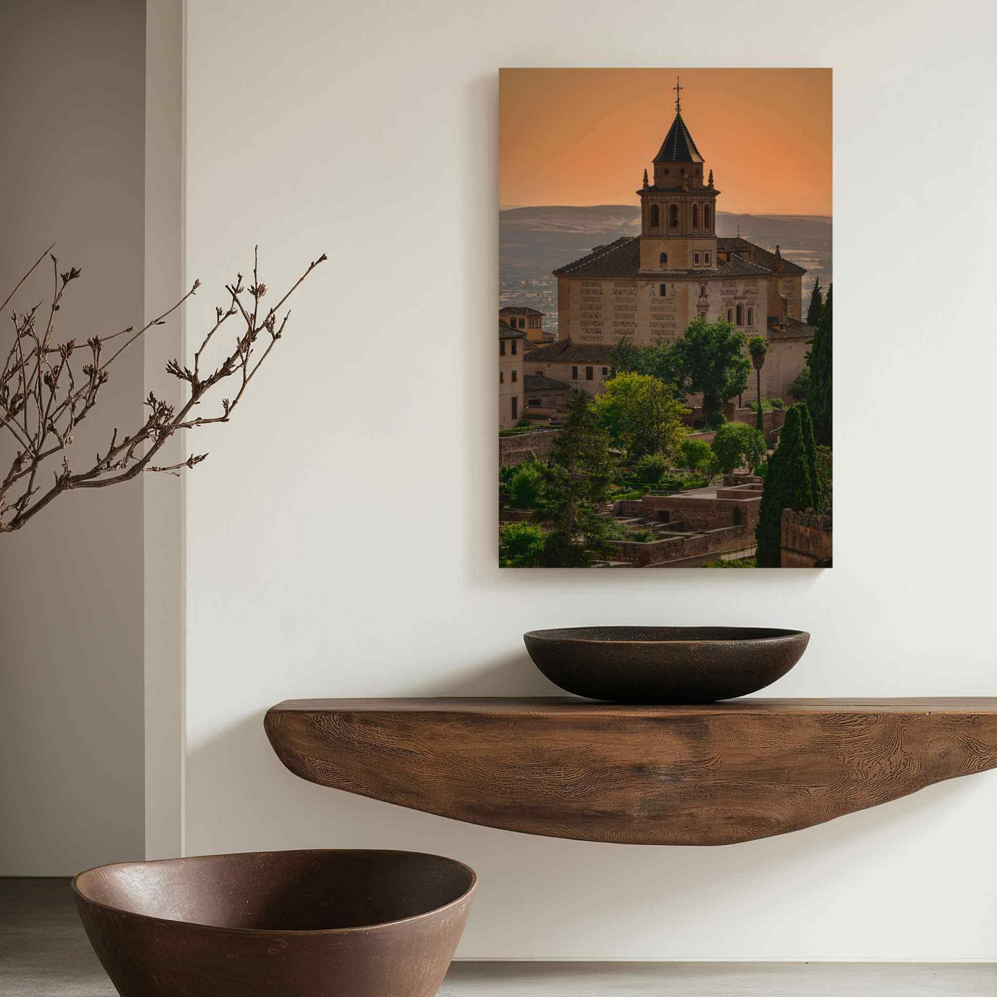 Summer Light at the Alhambra canvas wall art displayed above a sculptural wood console.