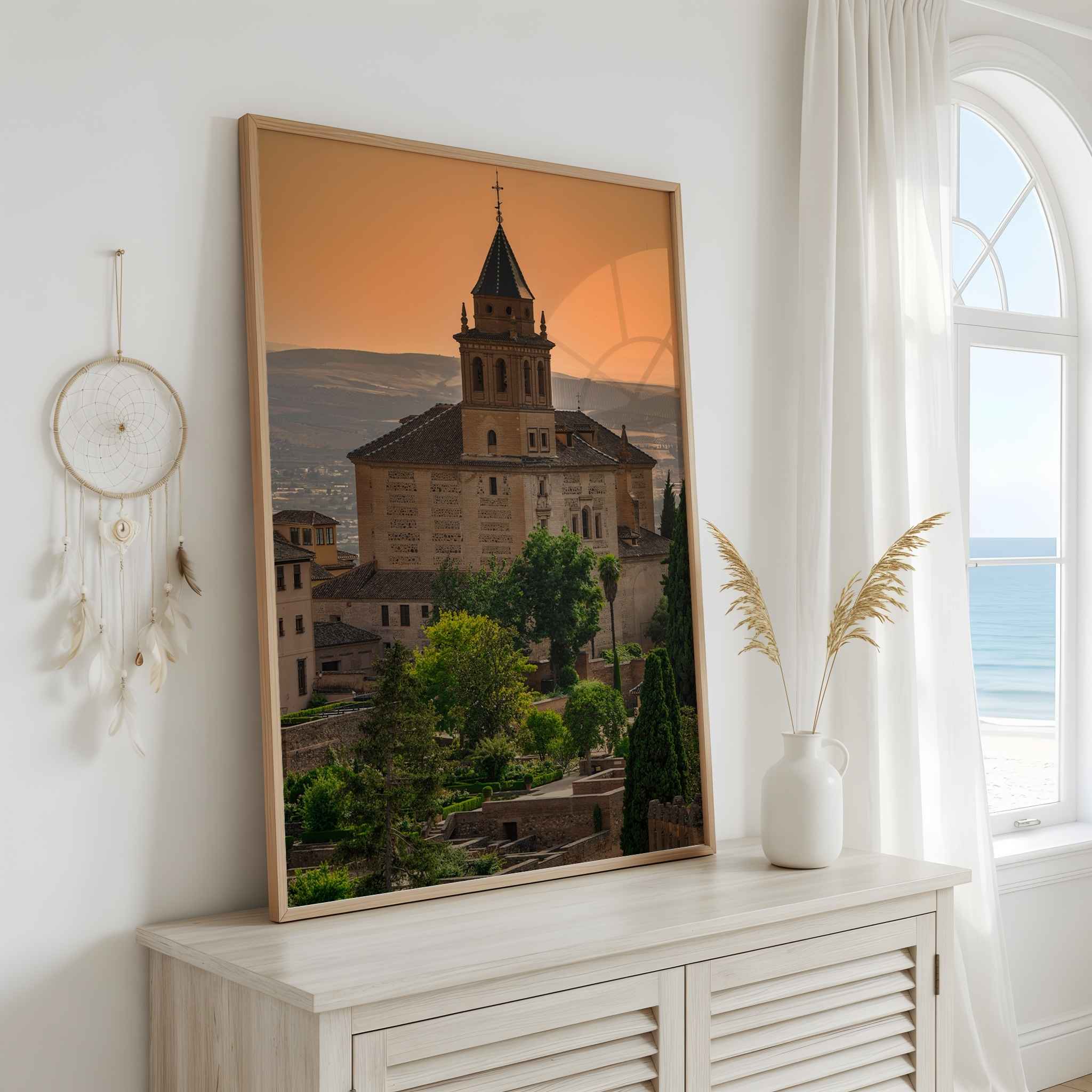 Summer Light at the Alhambra framed fine art print displayed in a bright neutral interior, featuring the historic Alhambra and warm summer sky in Granada, Spain – Abigail Diane Photography