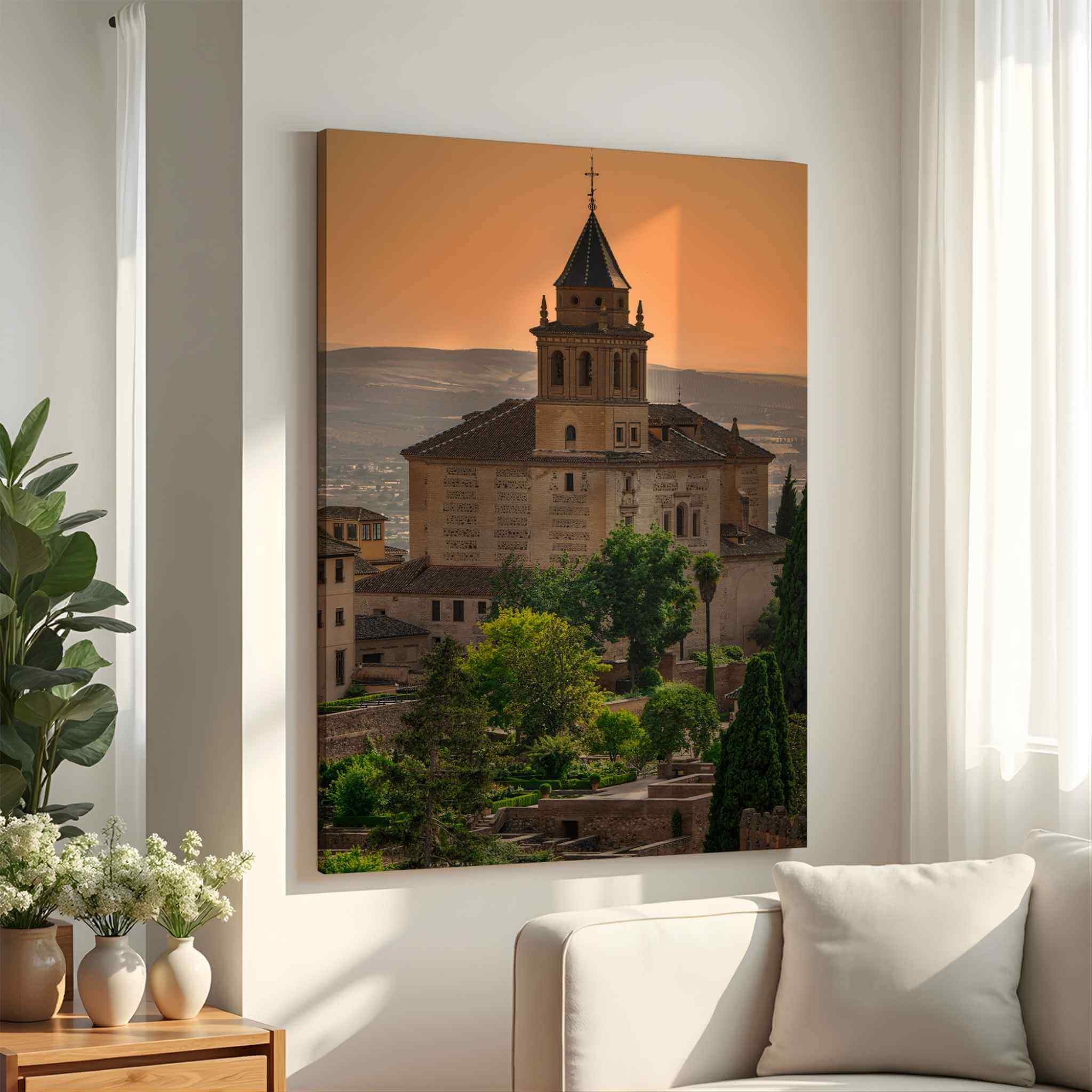  Large Summer Light at the Alhambra canvas wall art displayed above a neutral living room sofa