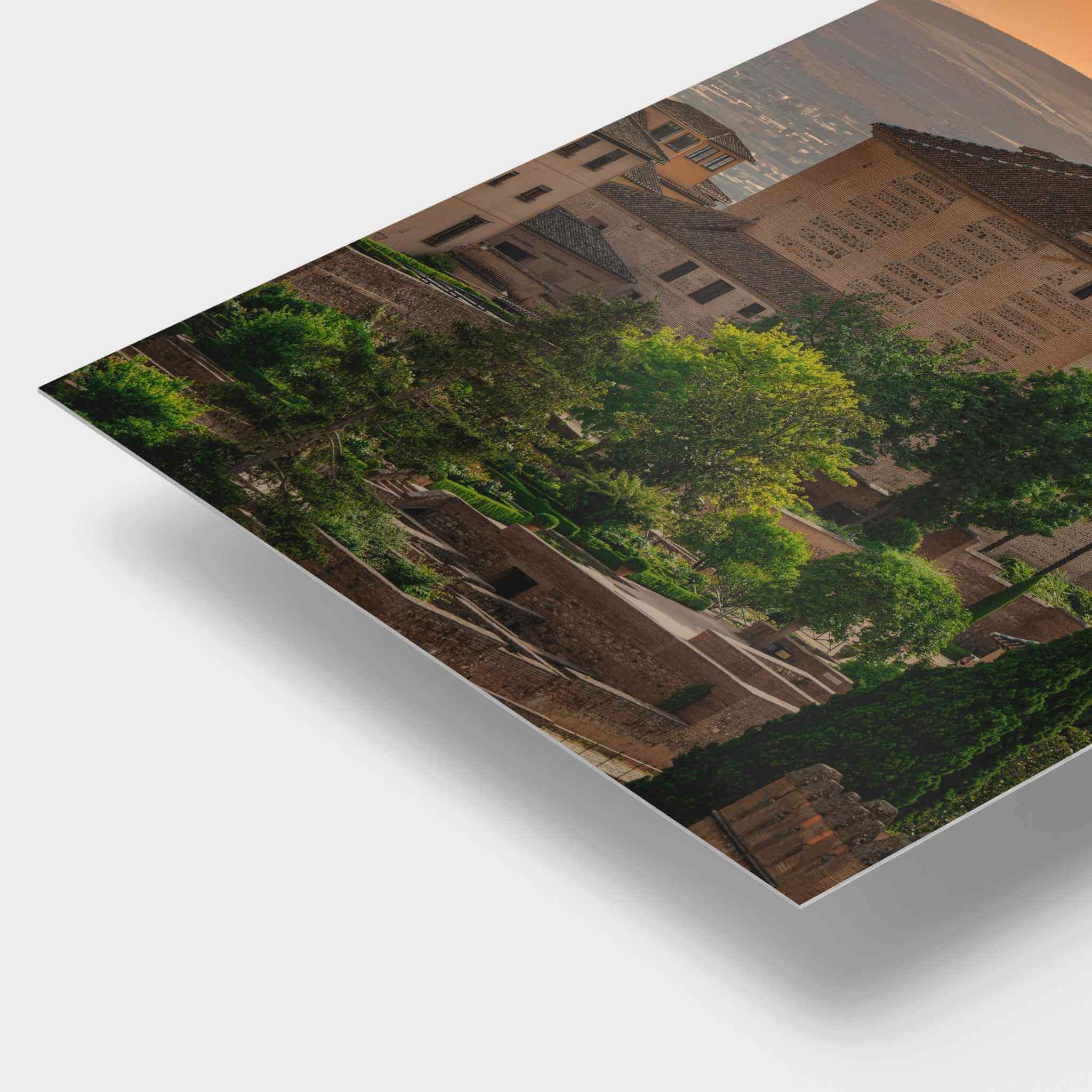  Close-up of Summer Light at the Alhambra metal print showing its slim profile and detailed finish.