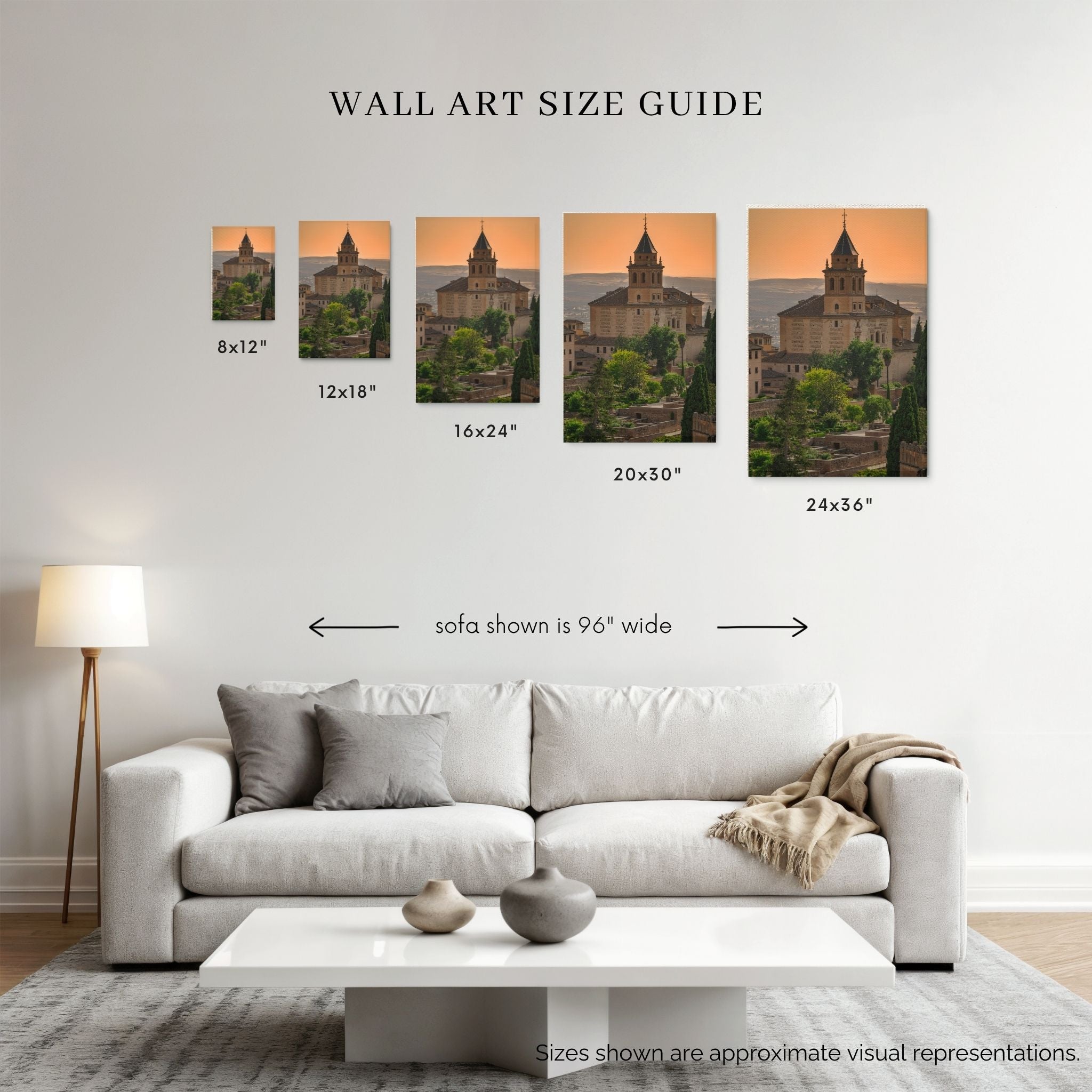 Summer Light at the Alhambra wall art size guide showing fine art print sizes from 8x12 to 24x36 inches above a 96-inch sofa – Abigail Diane Photography.