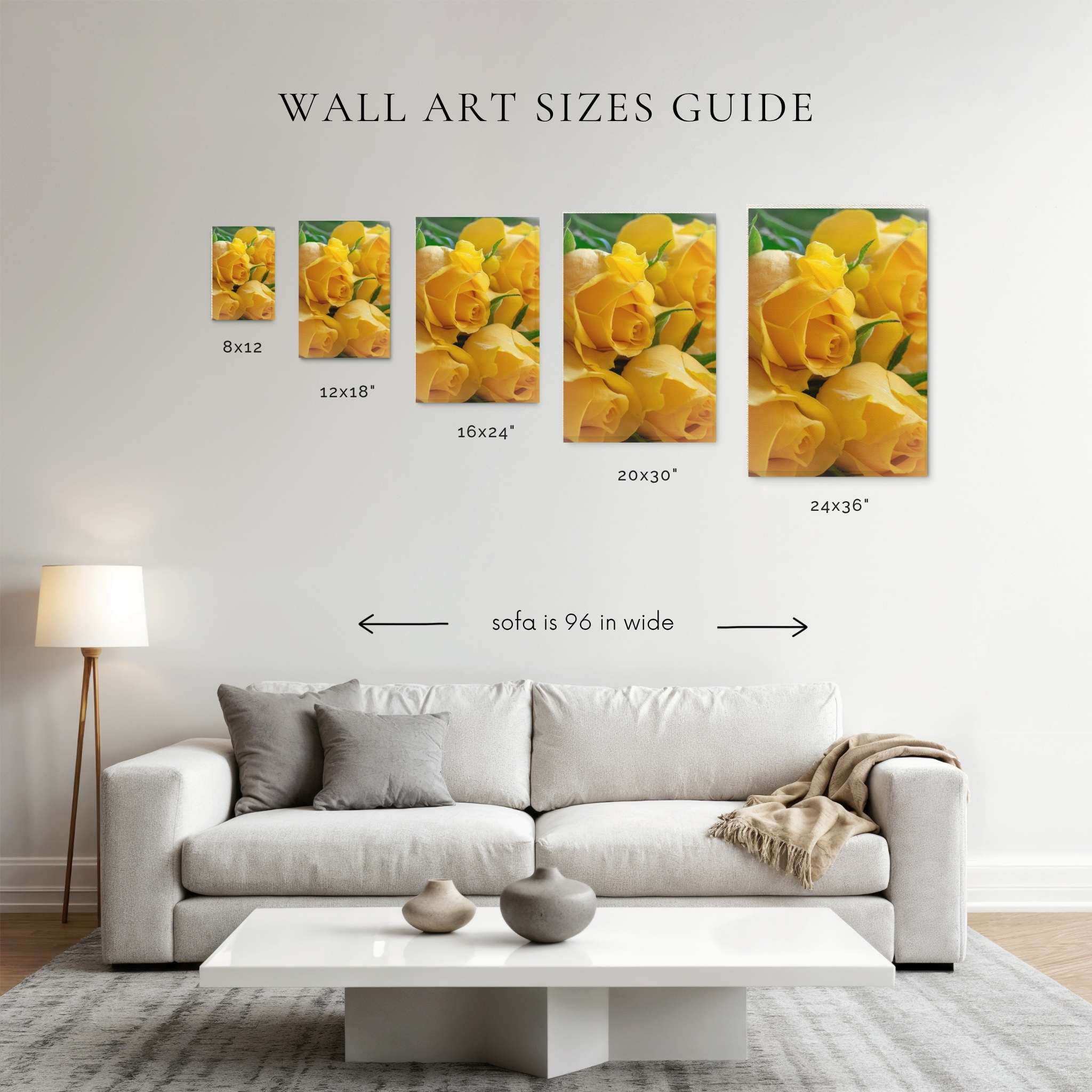 Sunlit Petal Reverie fine art print by Abigail Diane Photography displayed in a wall art size guide above a modern cream sofa, showcasing popular wall art sizes for home décor and interior design.
