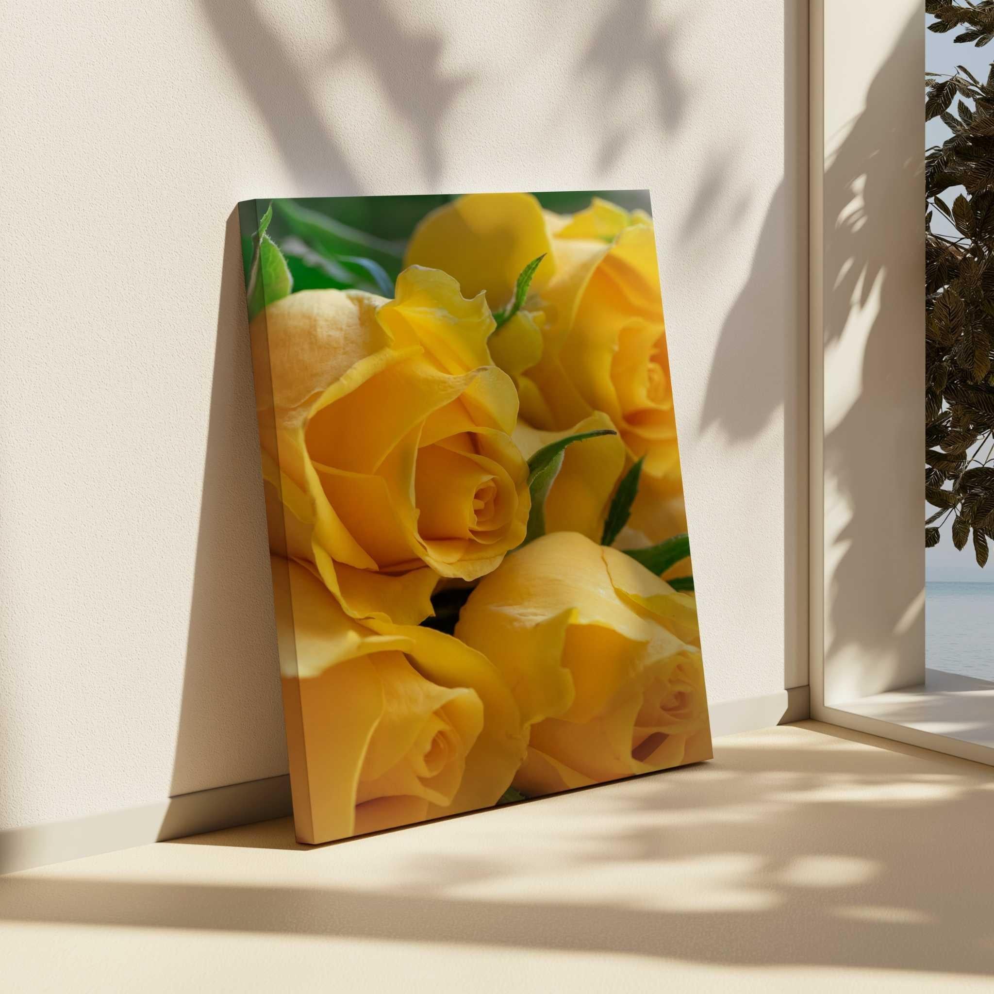 Sunlit Petal Reverie canvas print featuring luminous yellow roses, displayed in a bright coastal interior with warm sunlight and elegant botanical tones.