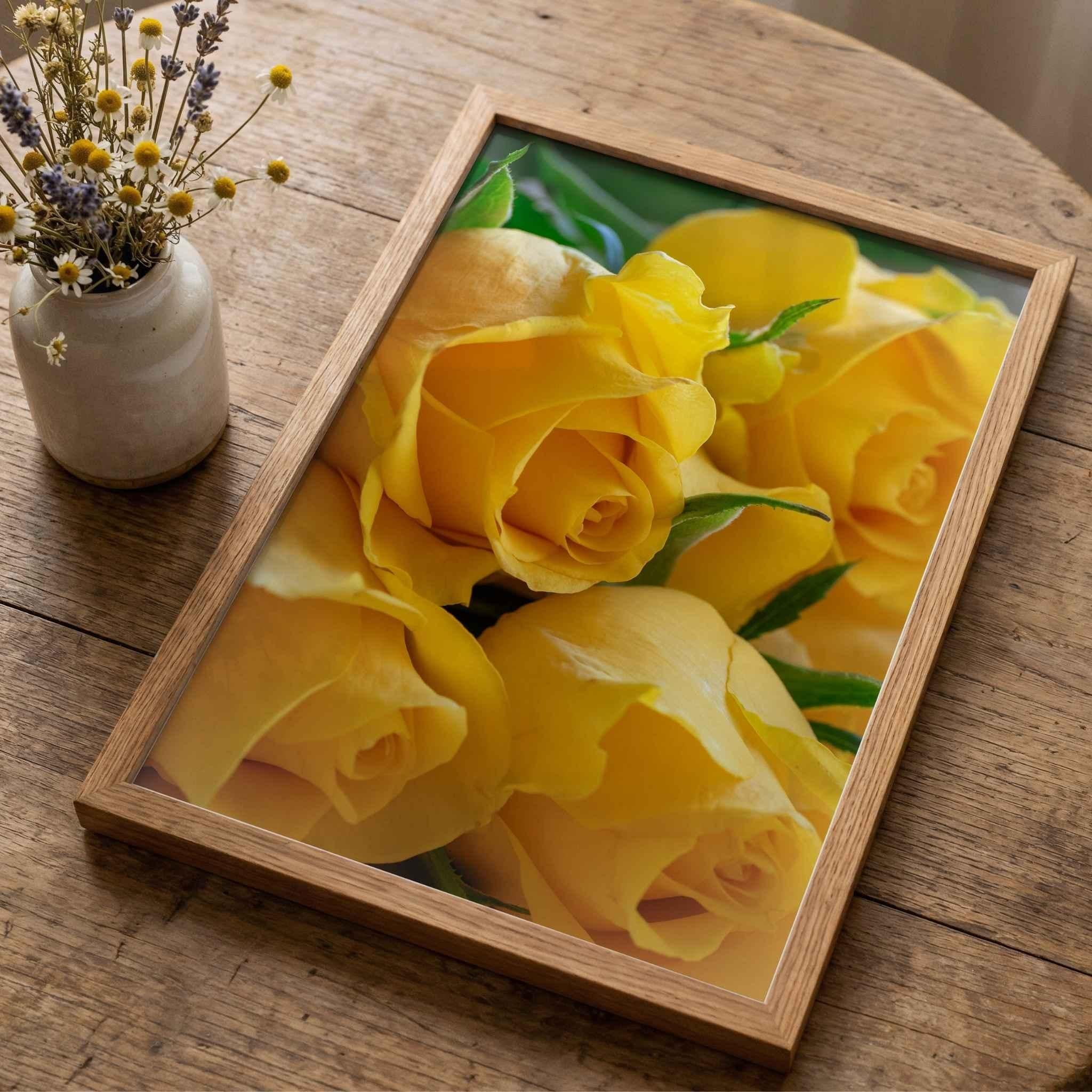 Sunlit Petal Reverie yellow rose photography by Abigail Diane Photography displayed in a natural oak frame on a rustic wooden table beside a vase of dried wildflowers, creating a warm and elegant botanical fine art presentation.