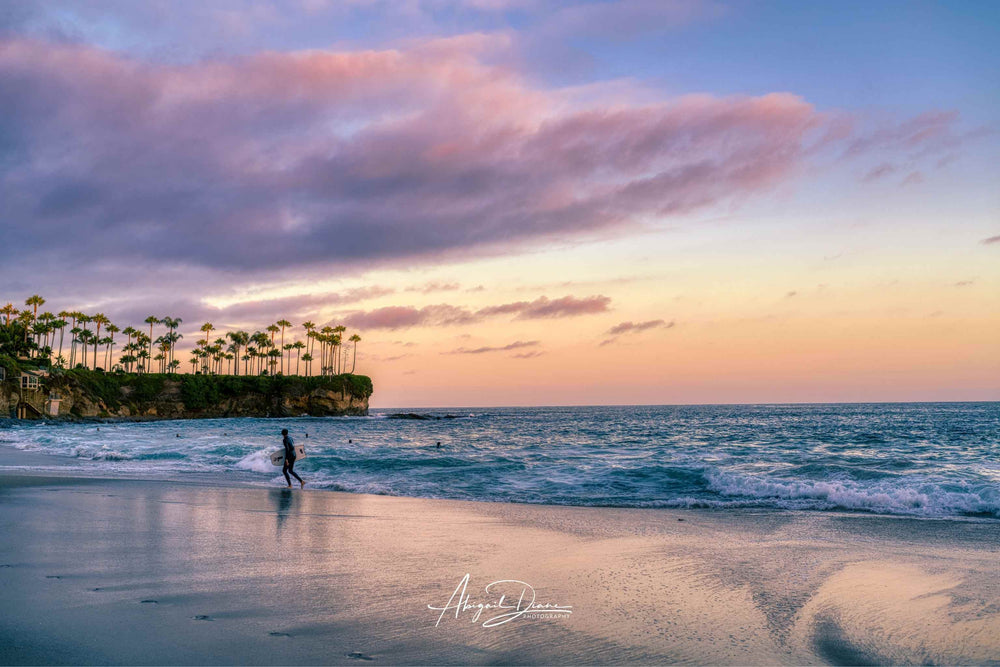 Surfing a California Sunset fine art photography print featuring a lone surfer walking along the shoreline at Laguna Beach, California beneath soft pink and lavender sunset clouds. Gentle Pacific Ocean waves, reflective wet sand and the iconic palm-lined cliffs create a peaceful coastal landscape available as fine art prints, framed wall art and canvas in multiple sizes.