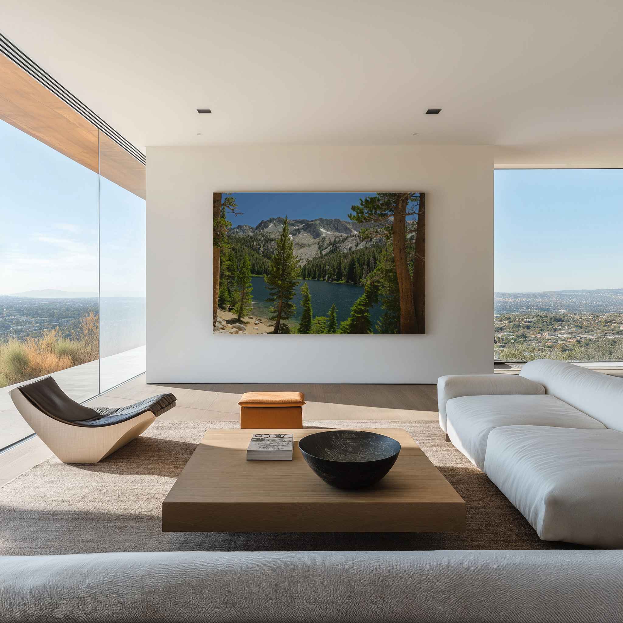 TJ Lake and Sierra Nevada mountains in Mammoth Lakes, California displayed as a large HD metal print in a modern living room with large window views.