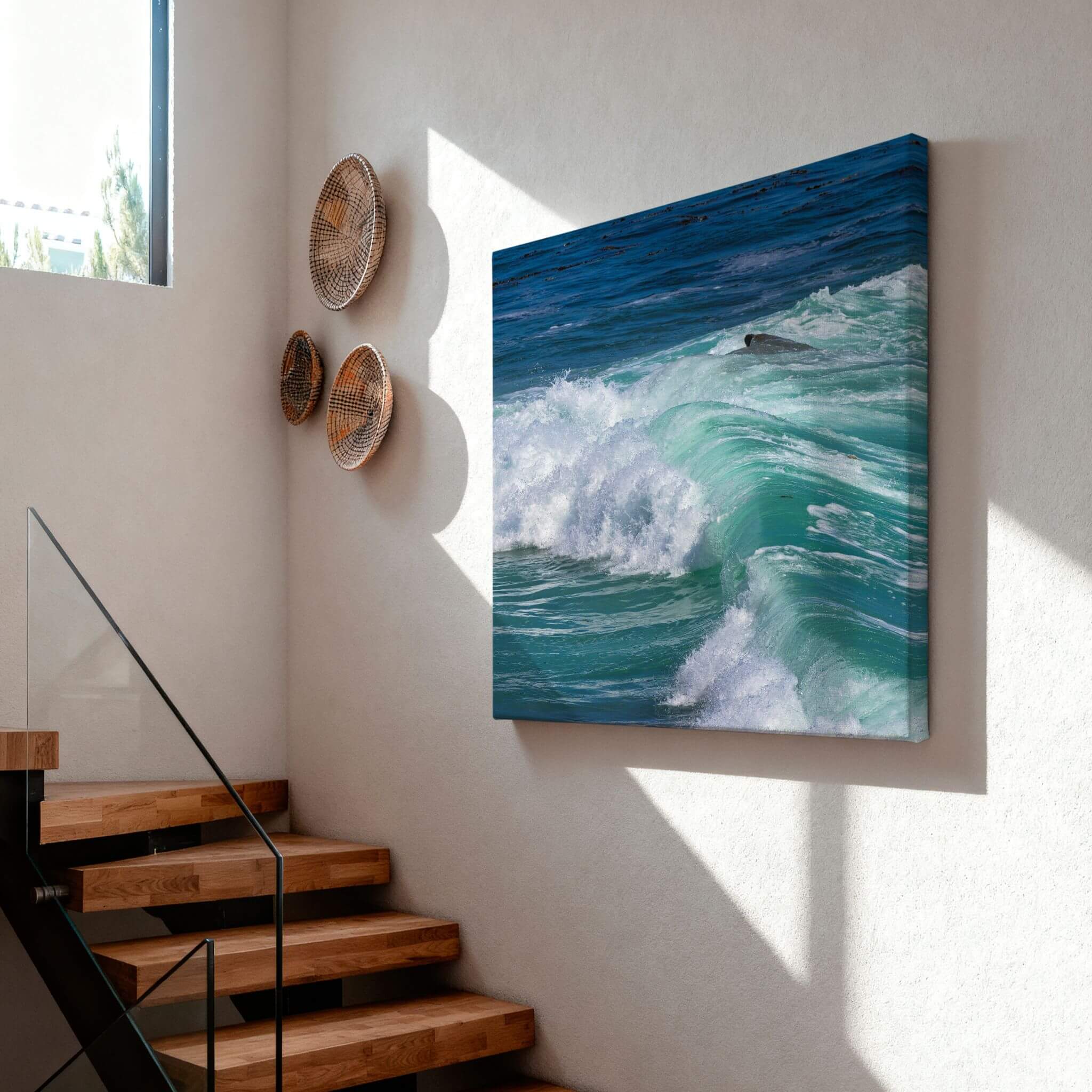 Close-up detail of the gallery-wrapped canvas corner showing Turquoise Healing Waves, highlighting the premium wrapped edges and vivid turquoise Pacific Ocean surf captured at Laguna Beach, California.