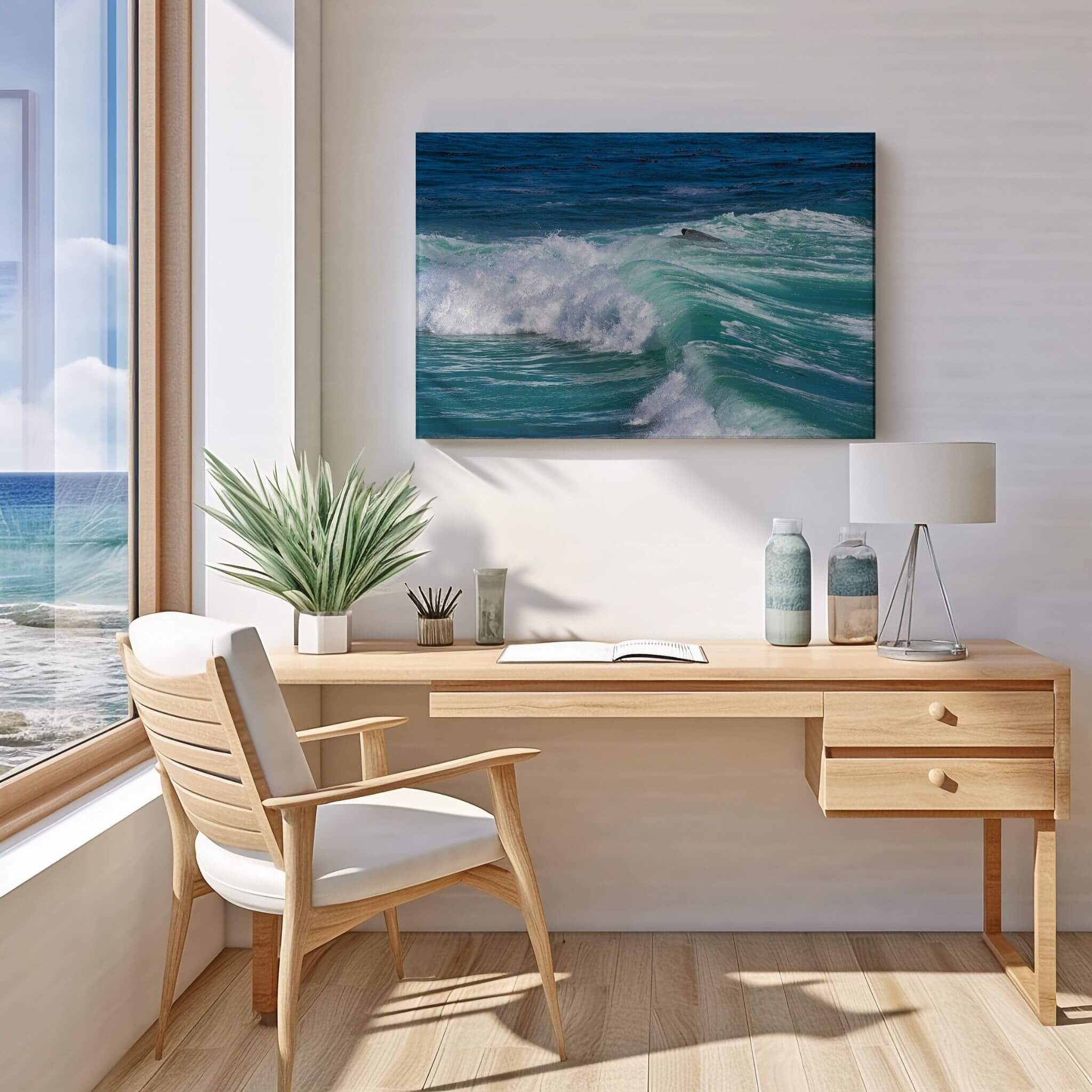 Turquoise Healing Waves canvas displayed above a modern wooden desk, bringing the calming beauty of Laguna Beach and the Pacific Ocean into a bright coastal-inspired workspace. Photography by Abigail Diane Photography.