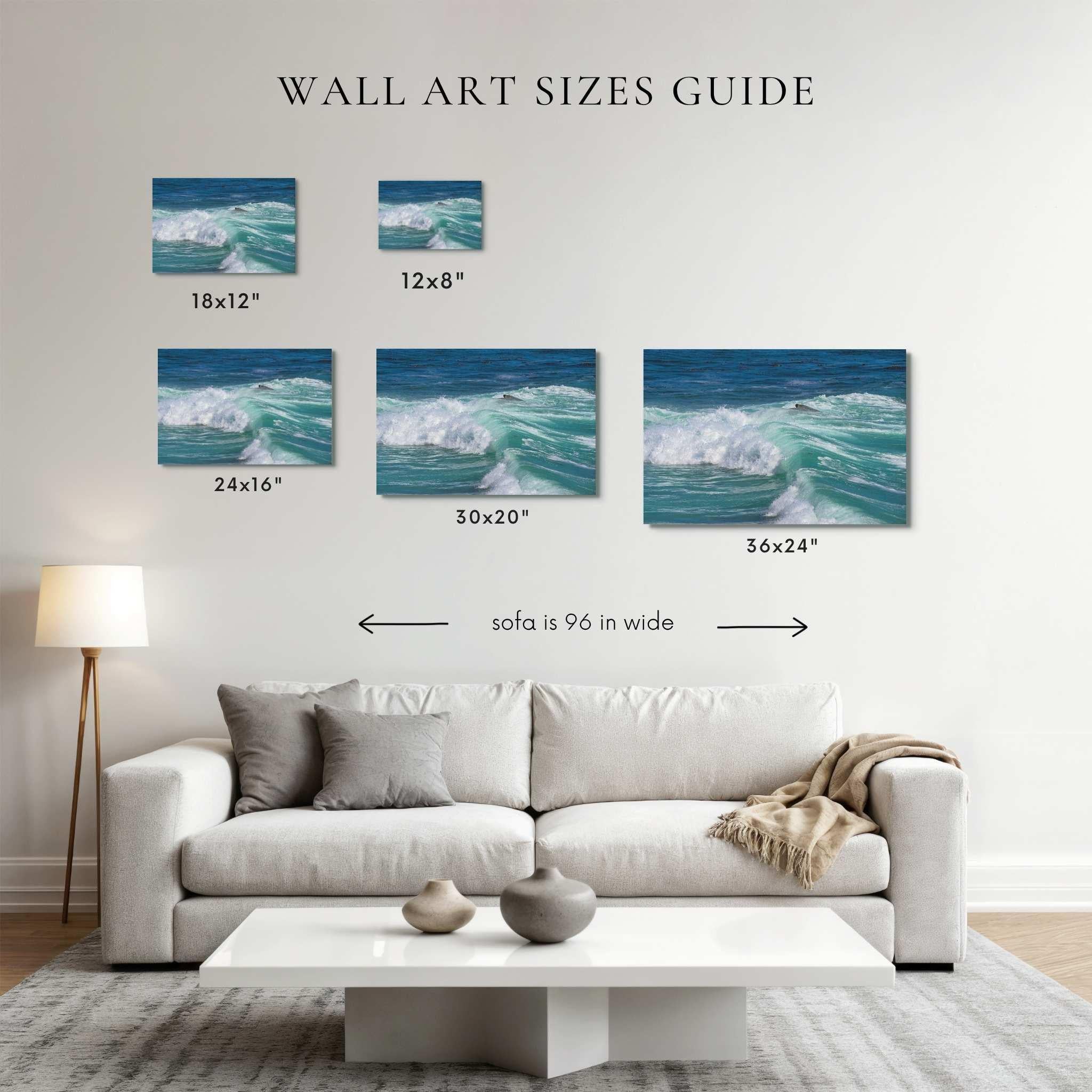 Wall art size guide displaying Turquoise Healing Waves fine art photography in 12x8, 18x12, 24x16, 30x20 and 36x24 inch sizes above a 96-inch sofa for scale. This Laguna Beach, California coastal photograph showcases turquoise Pacific Ocean waves and helps customers visualize artwork sizing for their home.