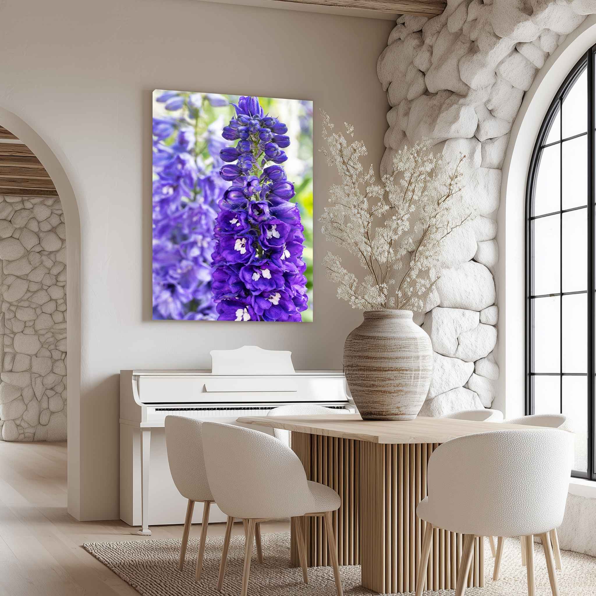 Violet Harmony purple larkspur canvas print displayed in a warm neutral dining room by Abigail Diane Photography.